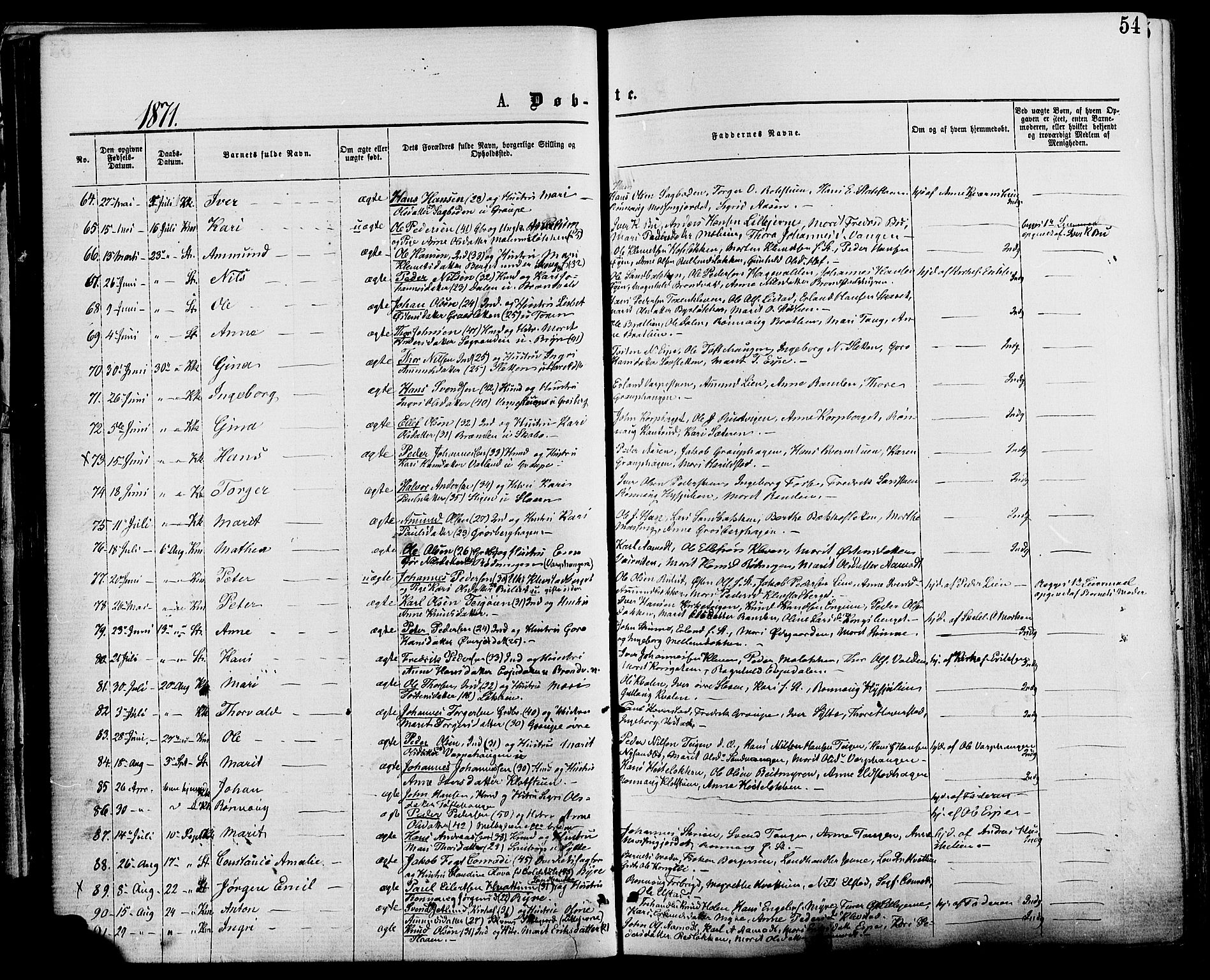 Nord-Fron prestekontor, AV/SAH-PREST-080/H/Ha/Haa/L0002: Parish register (official) no. 2, 1865-1883, p. 54