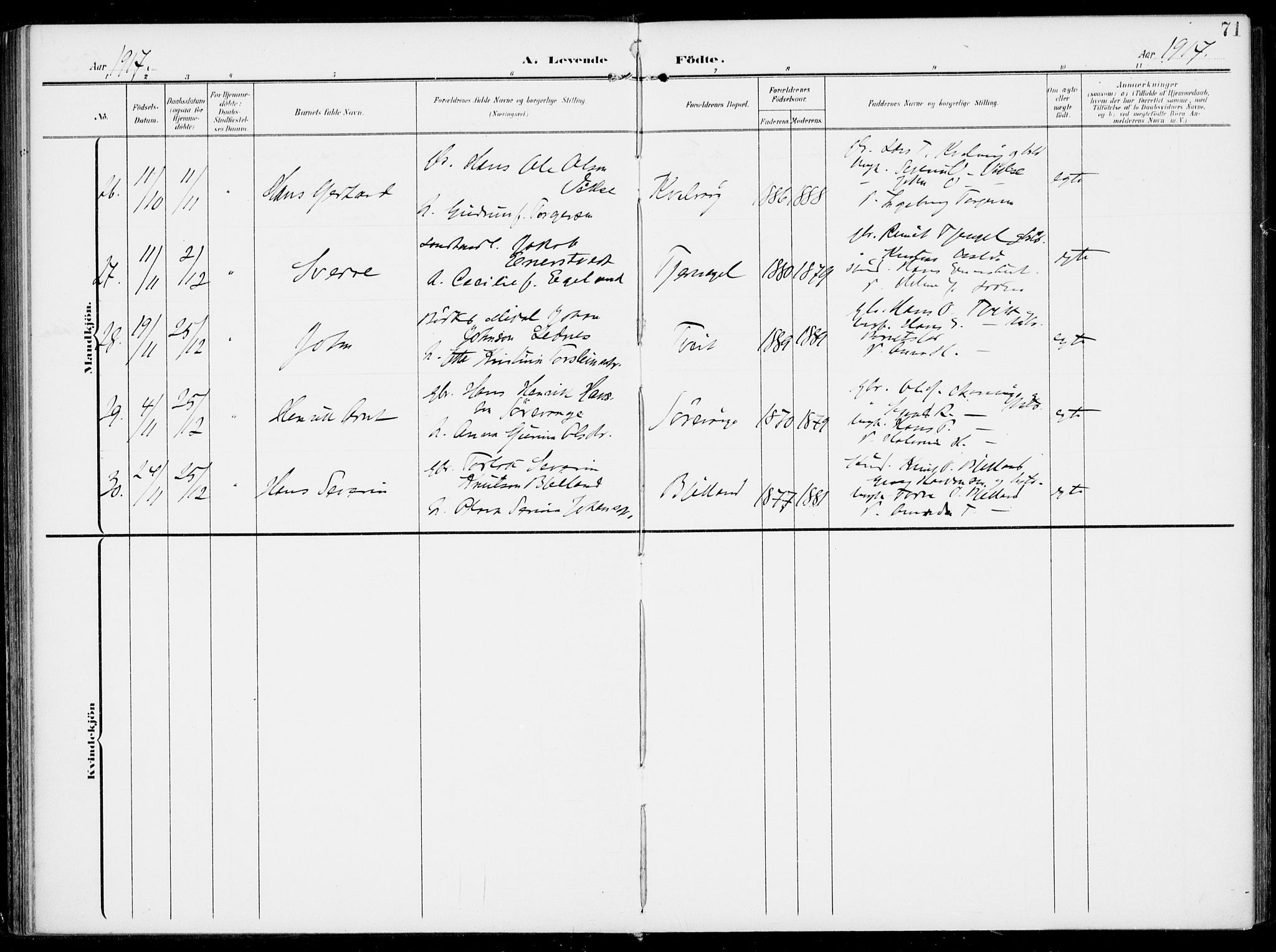 Sveio Sokneprestembete, AV/SAB-A-78501/H/Haa: Parish register (official) no. B  4, 1906-1919, p. 71