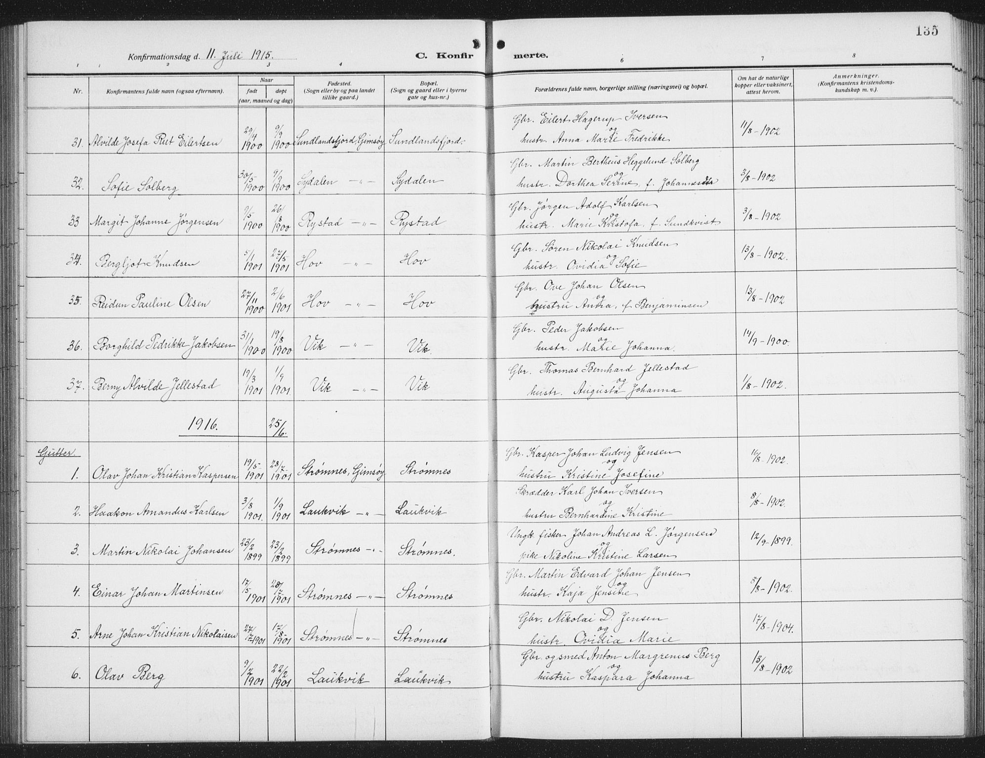 Ministerialprotokoller, klokkerbøker og fødselsregistre - Nordland, SAT/A-1459/876/L1106: Parish register (copy) no. 876C05, 1915-1942, p. 135