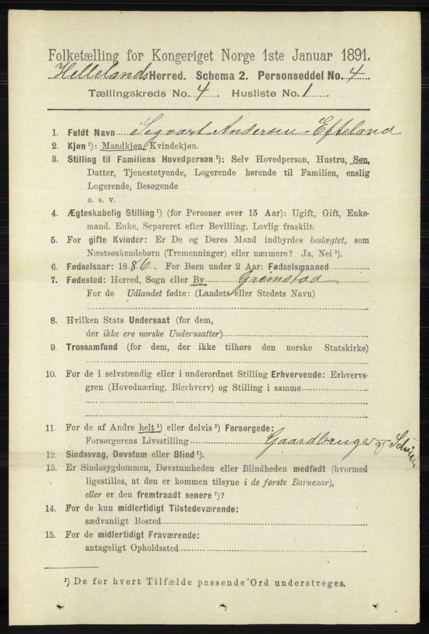 RA, 1891 census for 1115 Helleland, 1891, p. 1157