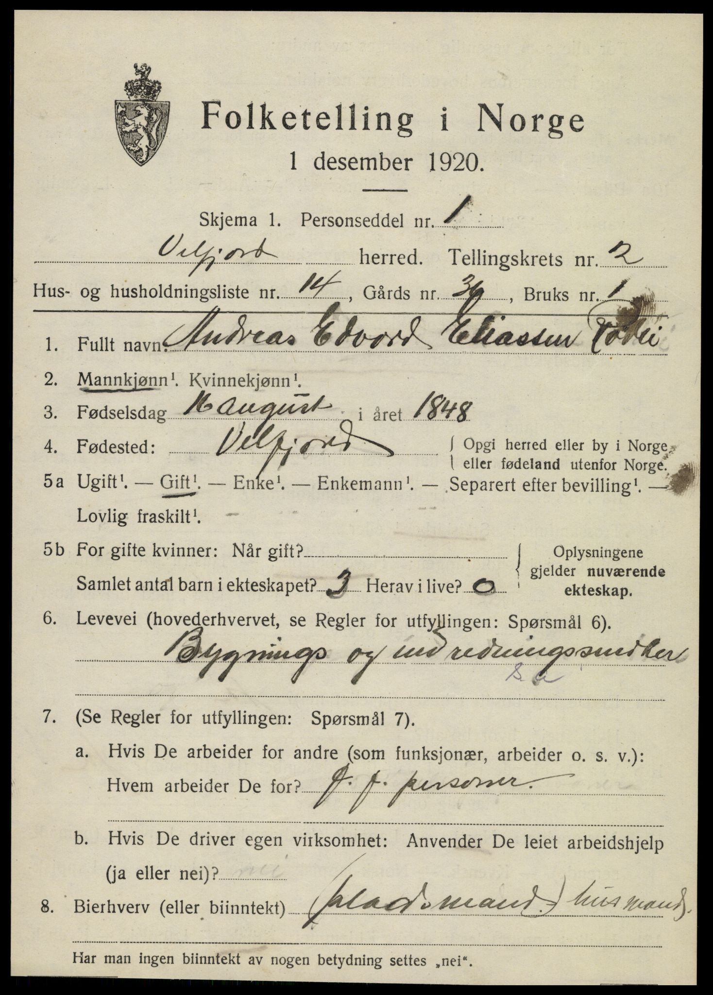 SAT, 1920 census for Velfjord, 1920, p. 1361