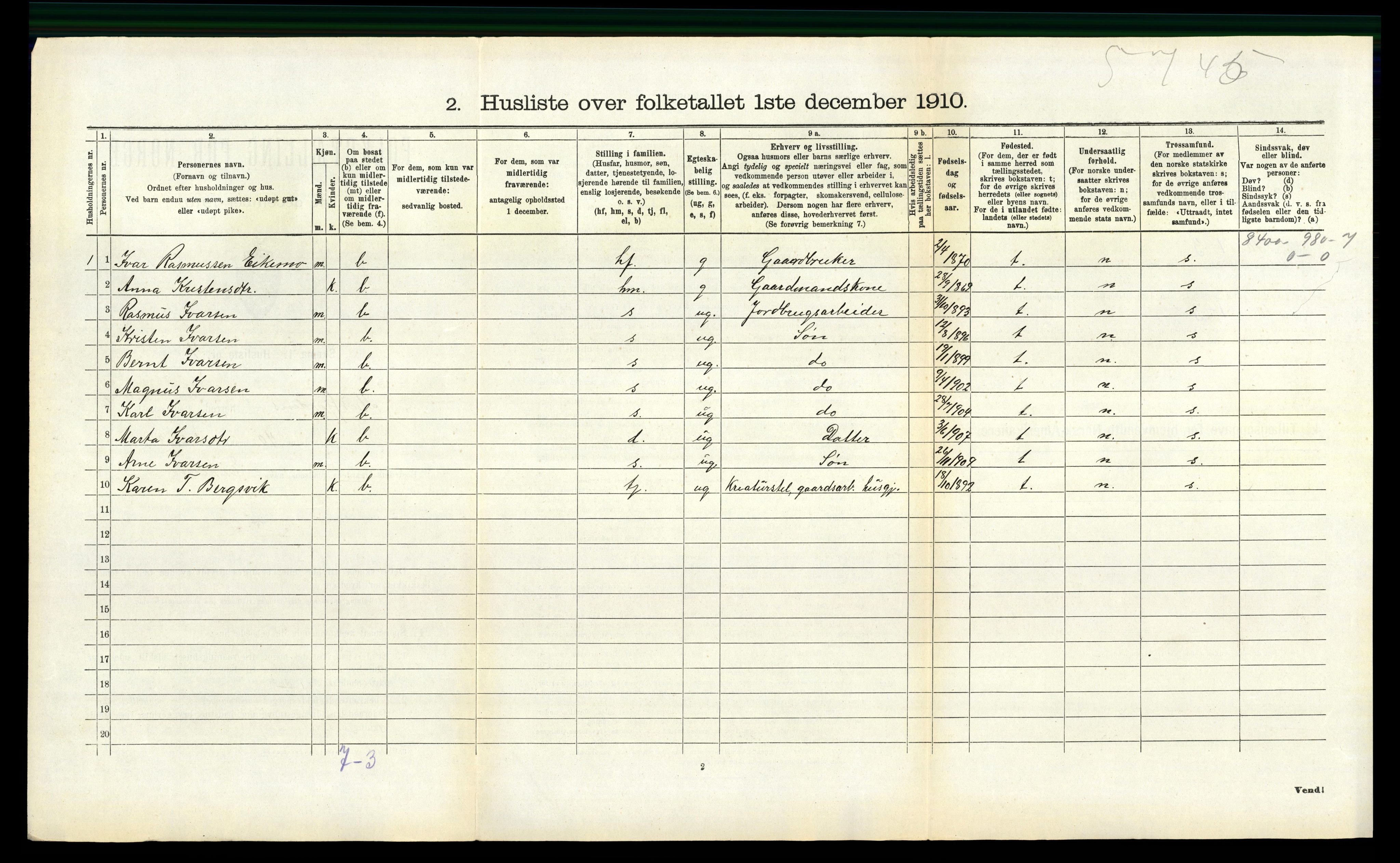 RA, 1910 census for Masfjorden, 1910, p. 539