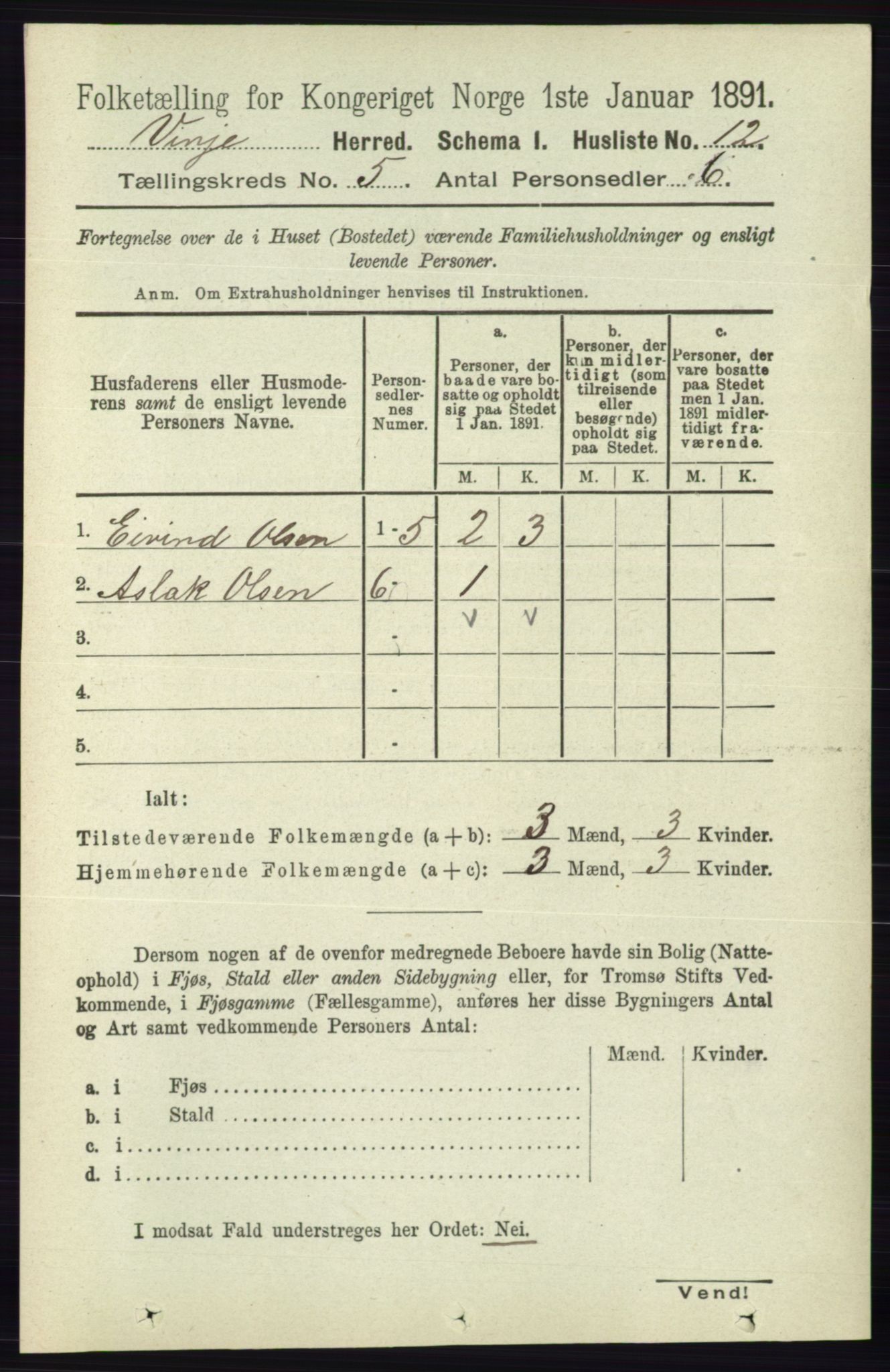 RA, 1891 census for 0834 Vinje, 1891, p. 1017