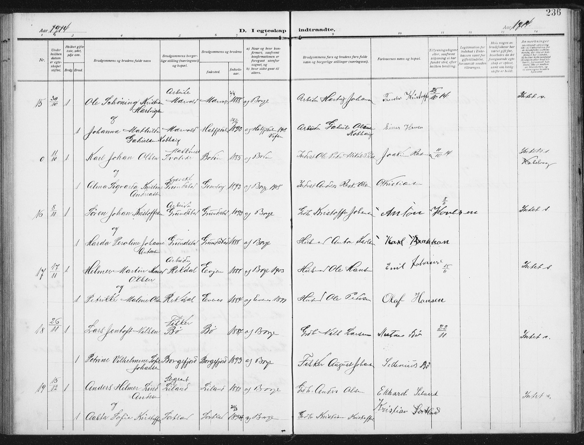 Ministerialprotokoller, klokkerbøker og fødselsregistre - Nordland, SAT/A-1459/880/L1135: Parish register (official) no. 880A09, 1908-1919, p. 236