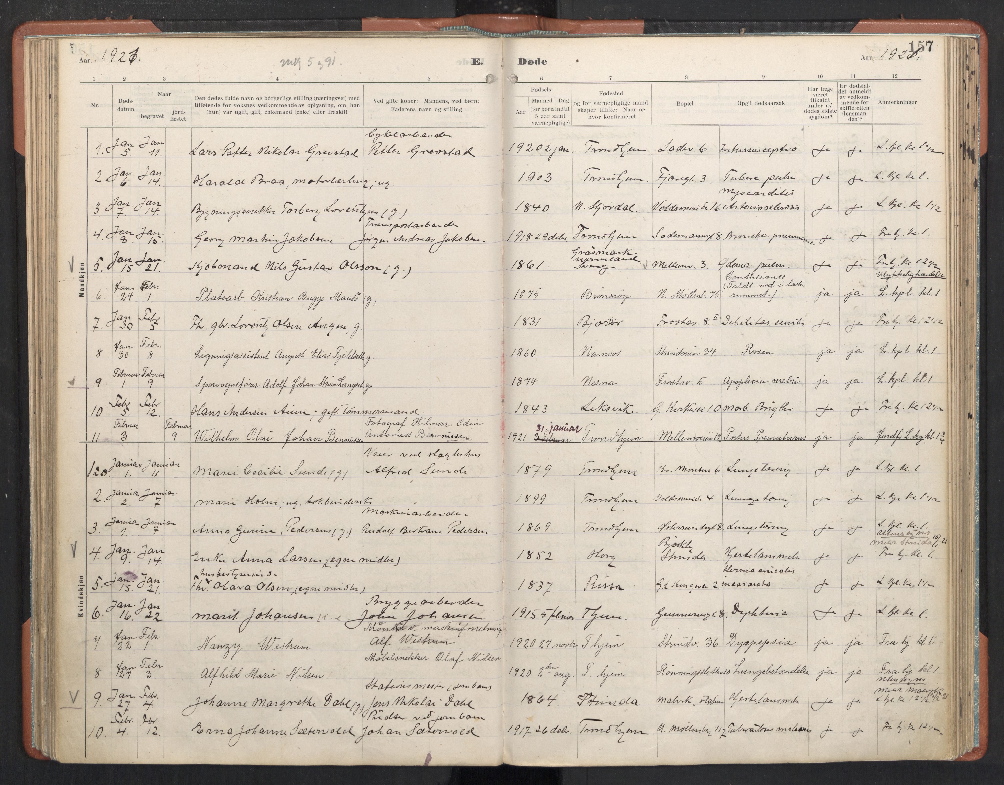 Ministerialprotokoller, klokkerbøker og fødselsregistre - Sør-Trøndelag, SAT/A-1456/605/L0245: Parish register (official) no. 605A07, 1916-1938, p. 157