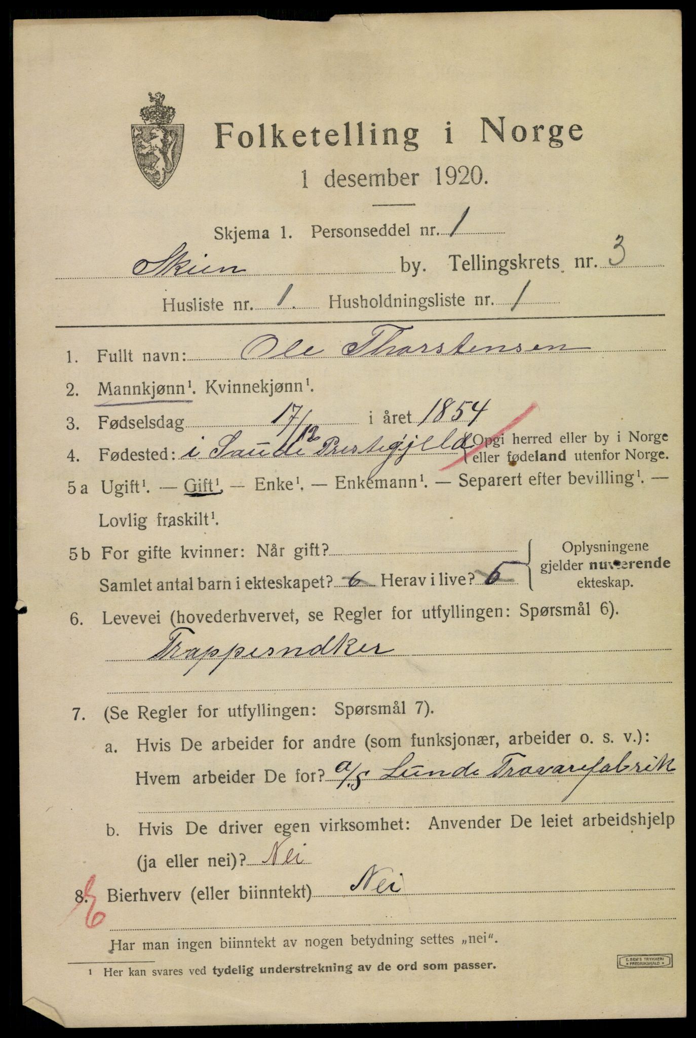 SAKO, 1920 census for Skien, 1920, p. 15168