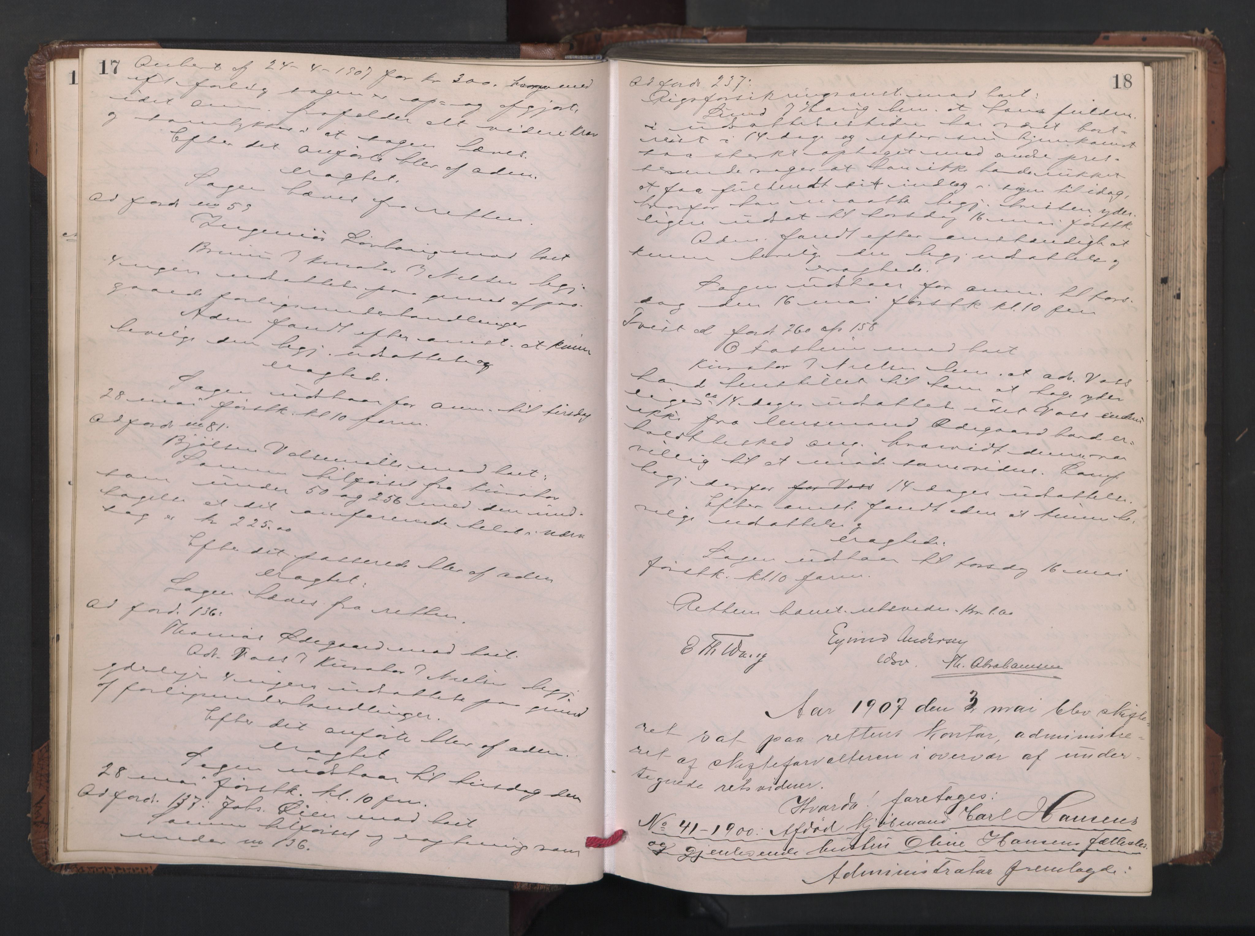 Oslo skifterett, AV/SAO-A-10383/H/Hc/Hcc/L0014: Skifteforhandlingsprotokoll, 1907-1909, p. 17-18