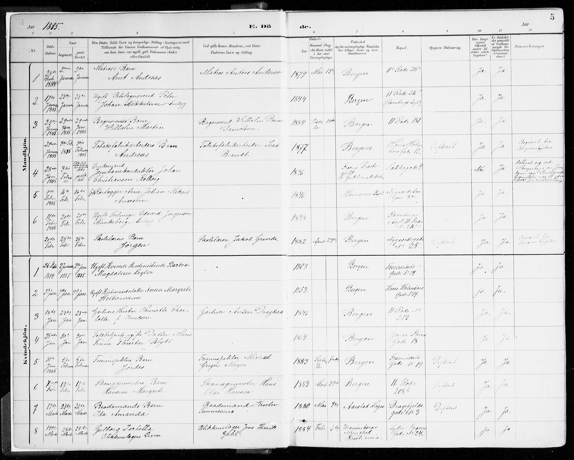 Johanneskirken sokneprestembete, SAB/A-76001/H/Haa/L0019: Parish register (official) no. E 1, 1885-1915, p. 5