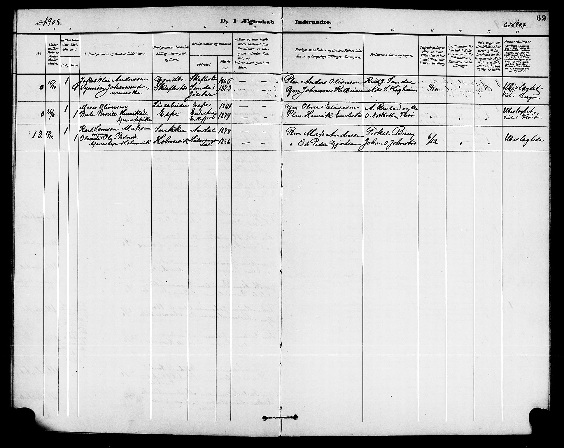 Førde sokneprestembete, SAB/A-79901/H/Hab/Habd/L0005: Parish register (copy) no. D 5, 1898-1911, p. 69