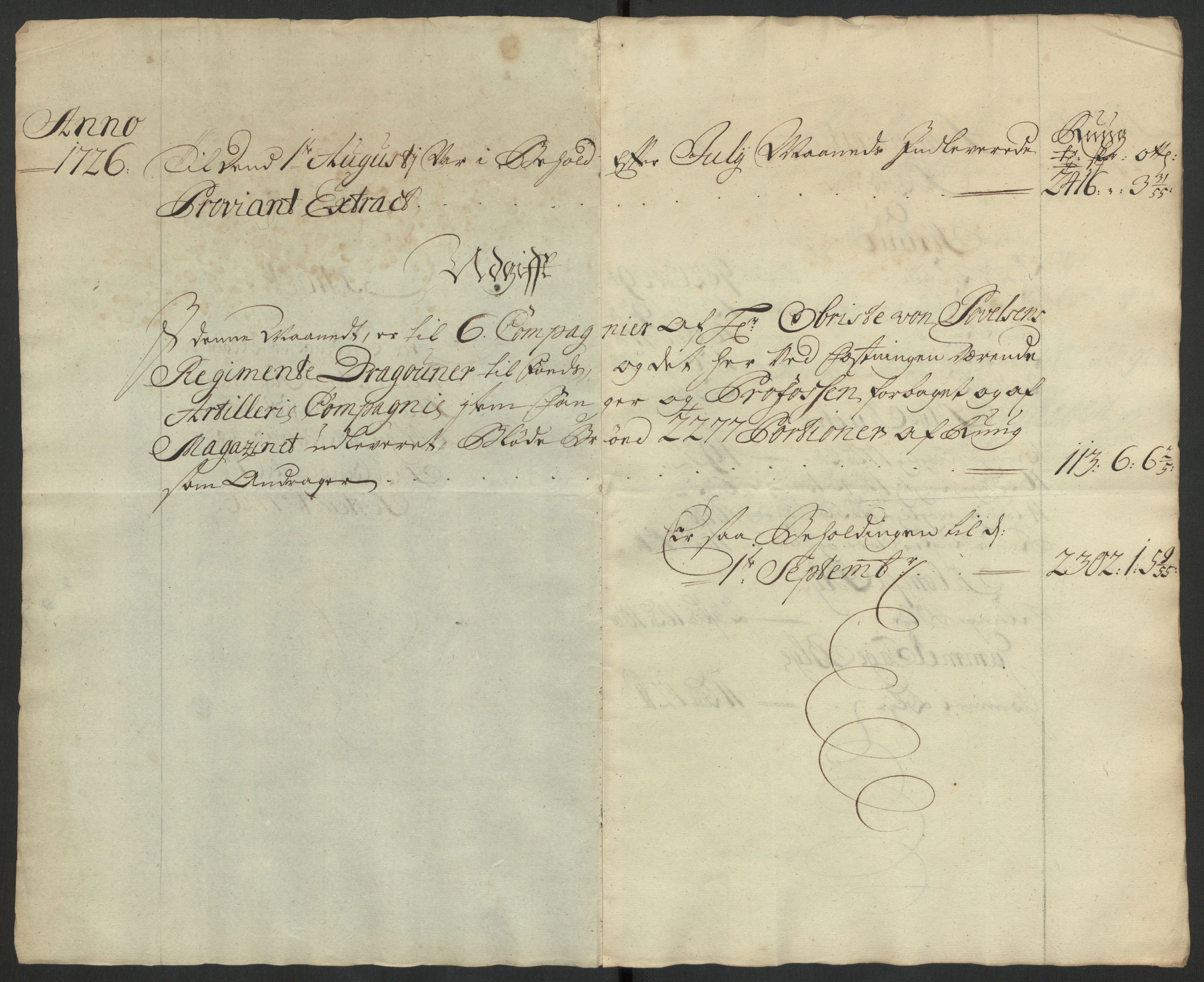 Kommanderende general (KG I) med Det norske krigsdirektorium, AV/RA-EA-5419/D/L0153: Fredriksten festning: Brev, inventarfortegnelser og regnskapsekstrakter, 1724-1729, p. 394