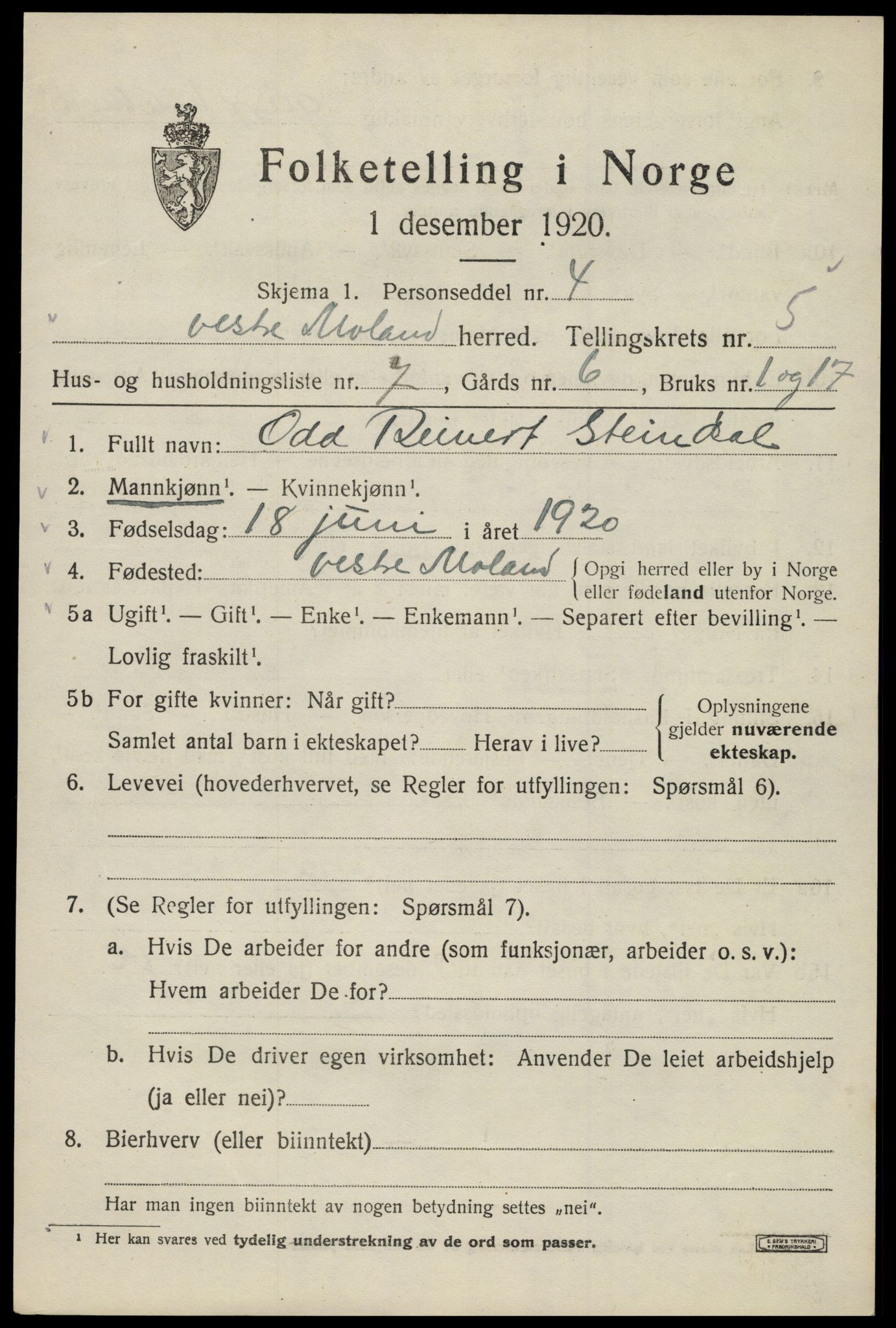 SAK, 1920 census for Vestre Moland, 1920, p. 3853