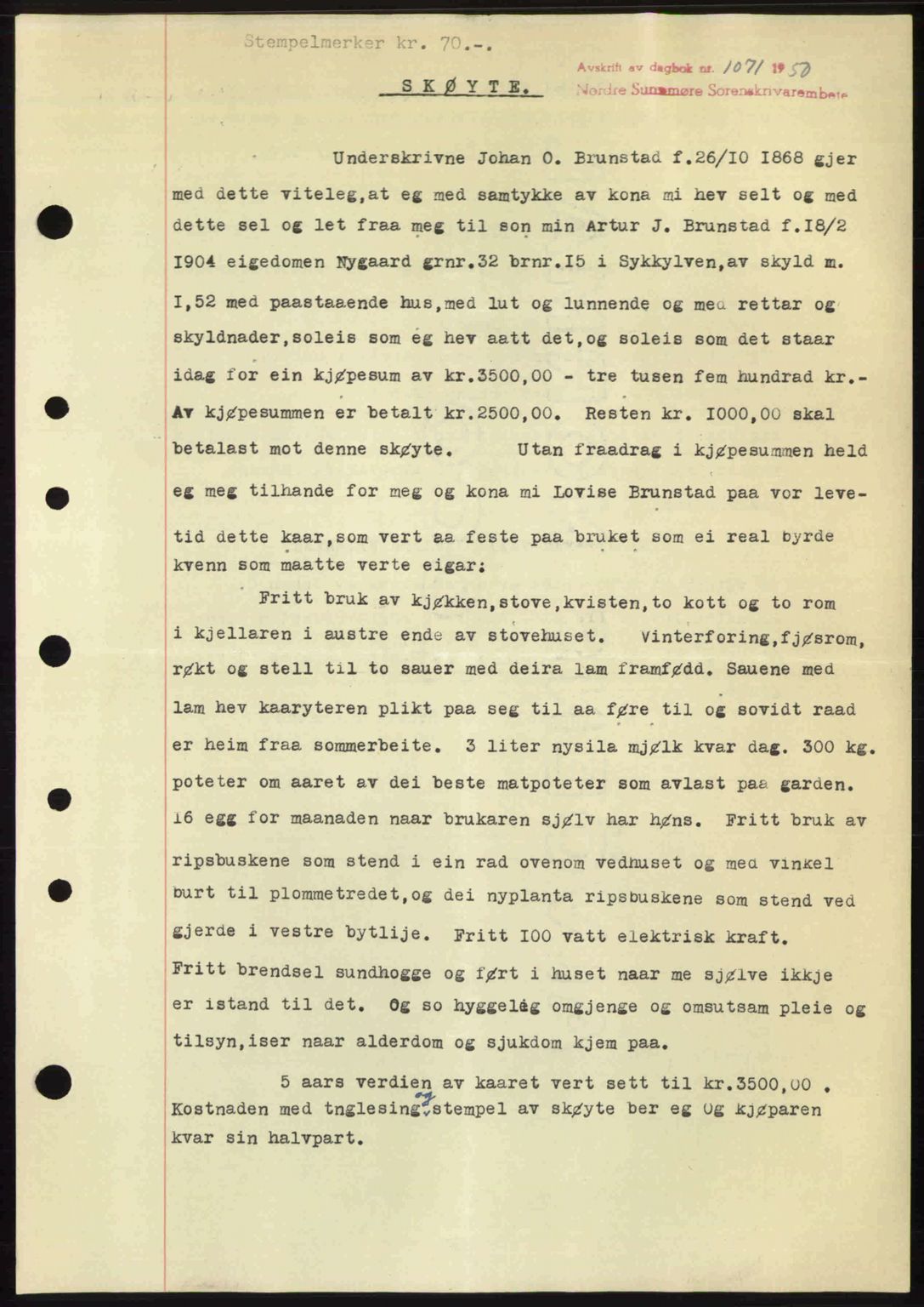 Nordre Sunnmøre sorenskriveri, AV/SAT-A-0006/1/2/2C/2Ca: Mortgage book no. A34, 1950-1950, Diary no: : 1071/1950