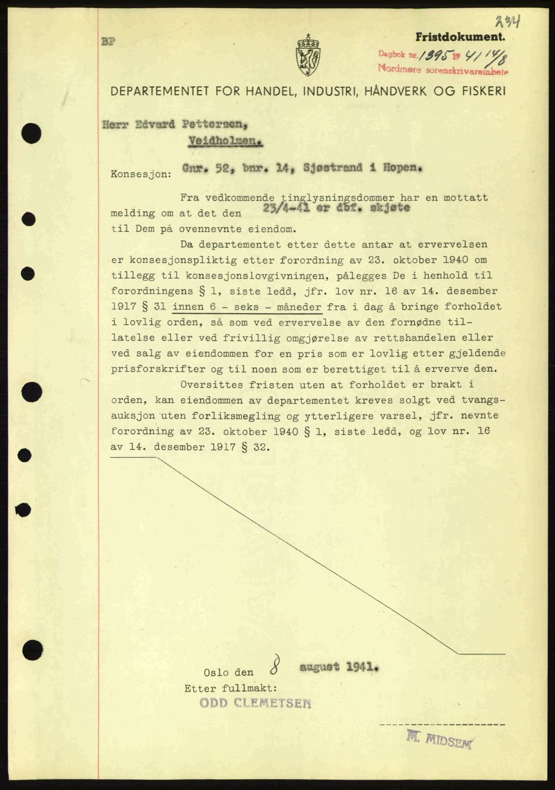 Nordmøre sorenskriveri, AV/SAT-A-4132/1/2/2Ca: Mortgage book no. B88, 1941-1942, Diary no: : 1395/1941