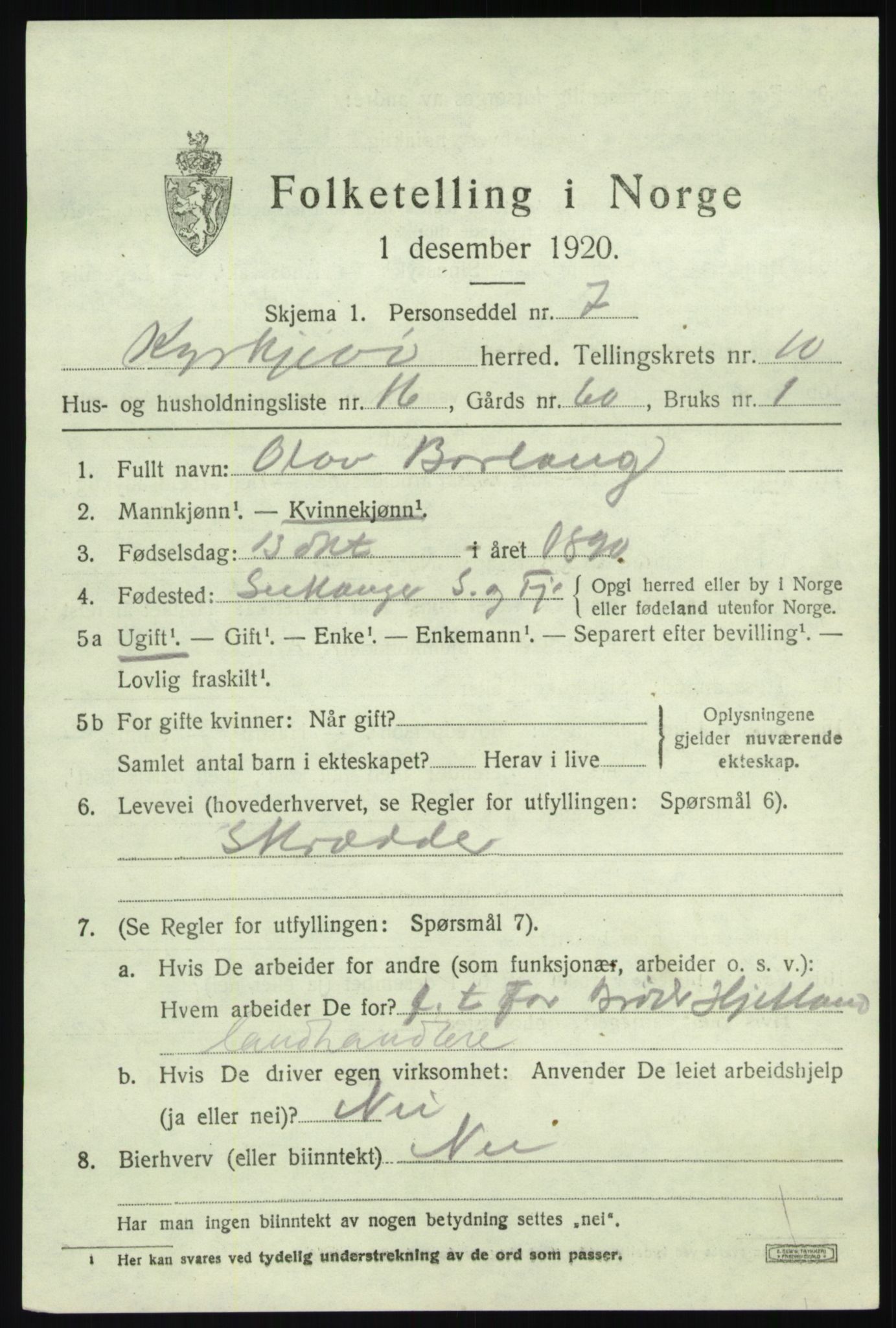 SAB, 1920 census for Kyrkjebø, 1920, p. 5707