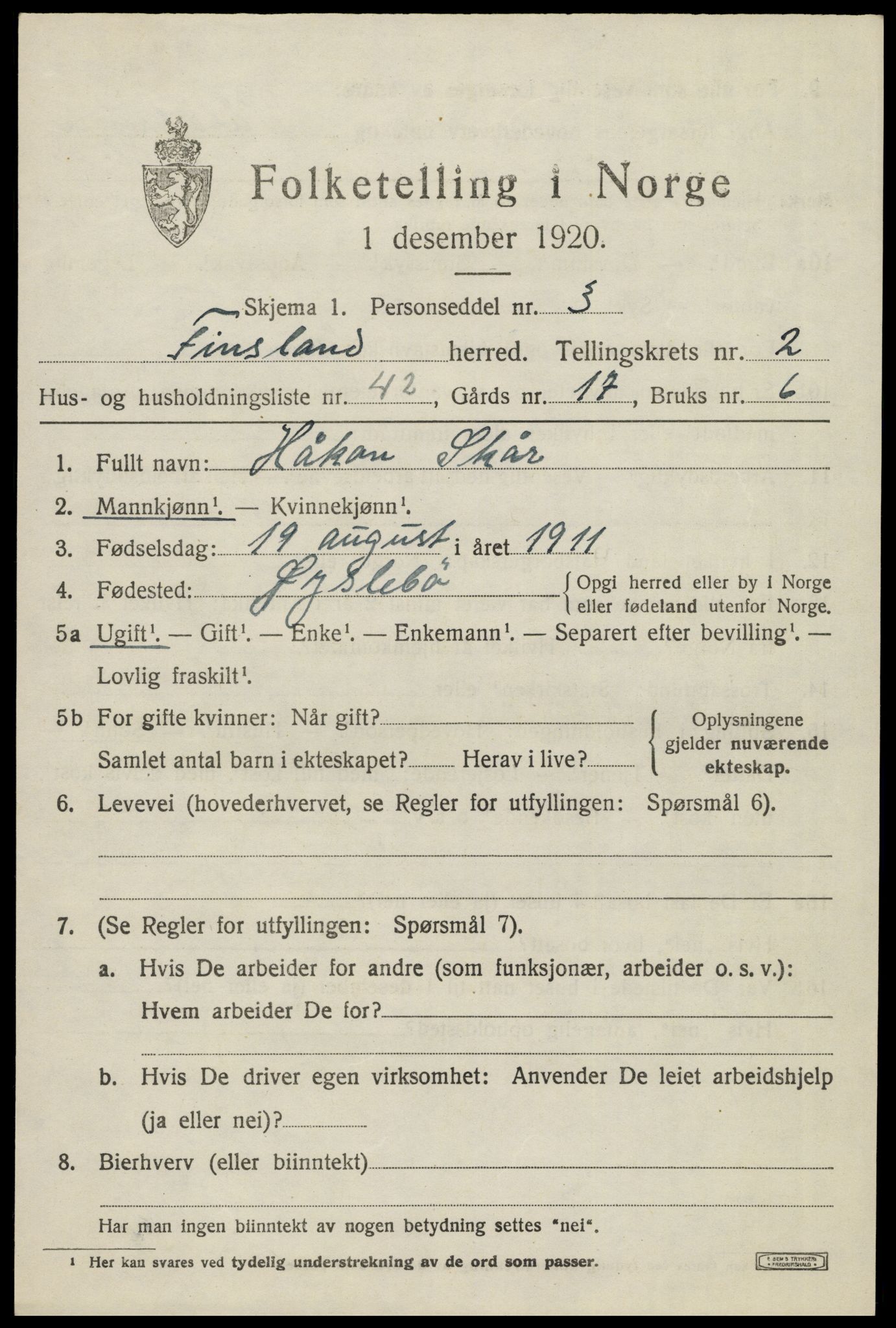 SAK, 1920 census for Finsland, 1920, p. 1174