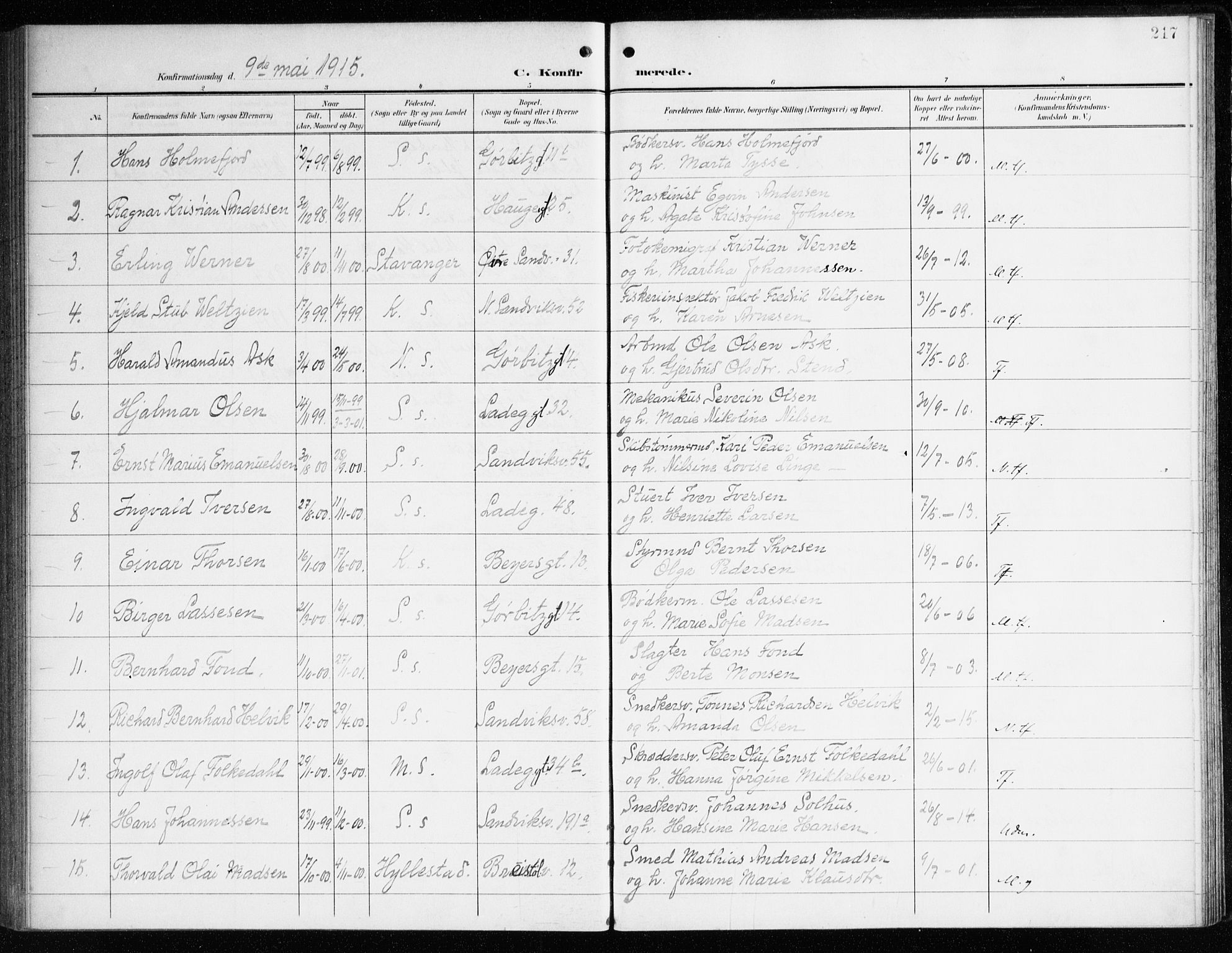 Sandviken Sokneprestembete, SAB/A-77601/H/Ha/L0011: Parish register (official) no. C 2, 1905-1918, p. 217