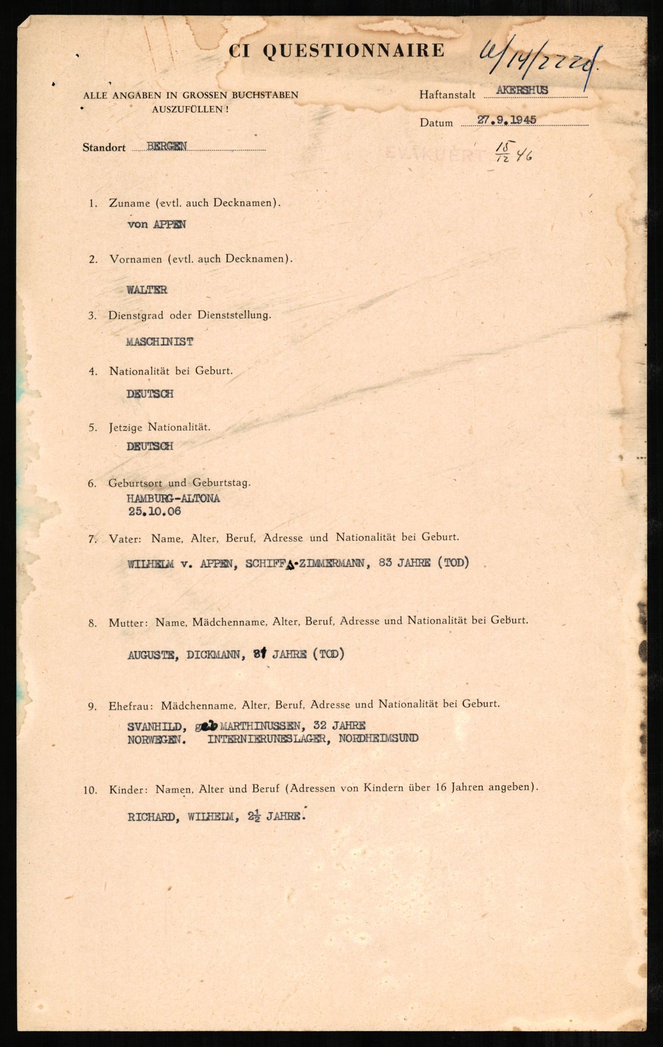 Forsvaret, Forsvarets overkommando II, AV/RA-RAFA-3915/D/Db/L0001: CI Questionaires. Tyske okkupasjonsstyrker i Norge. Tyskere., 1945-1946, p. 267