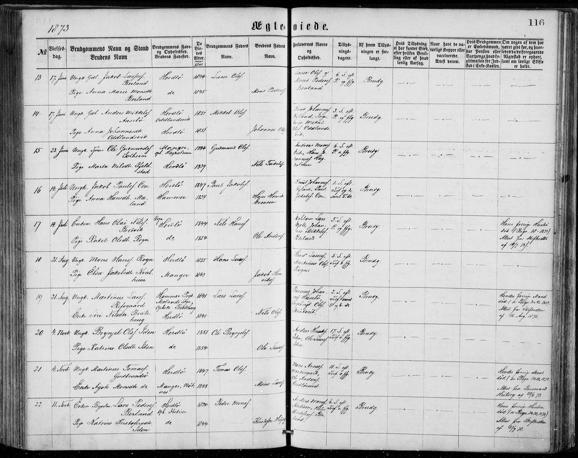 Herdla Sokneprestembete, AV/SAB-A-75701/H/Haa: Parish register (official) no. A 2, 1869-1877, p. 116