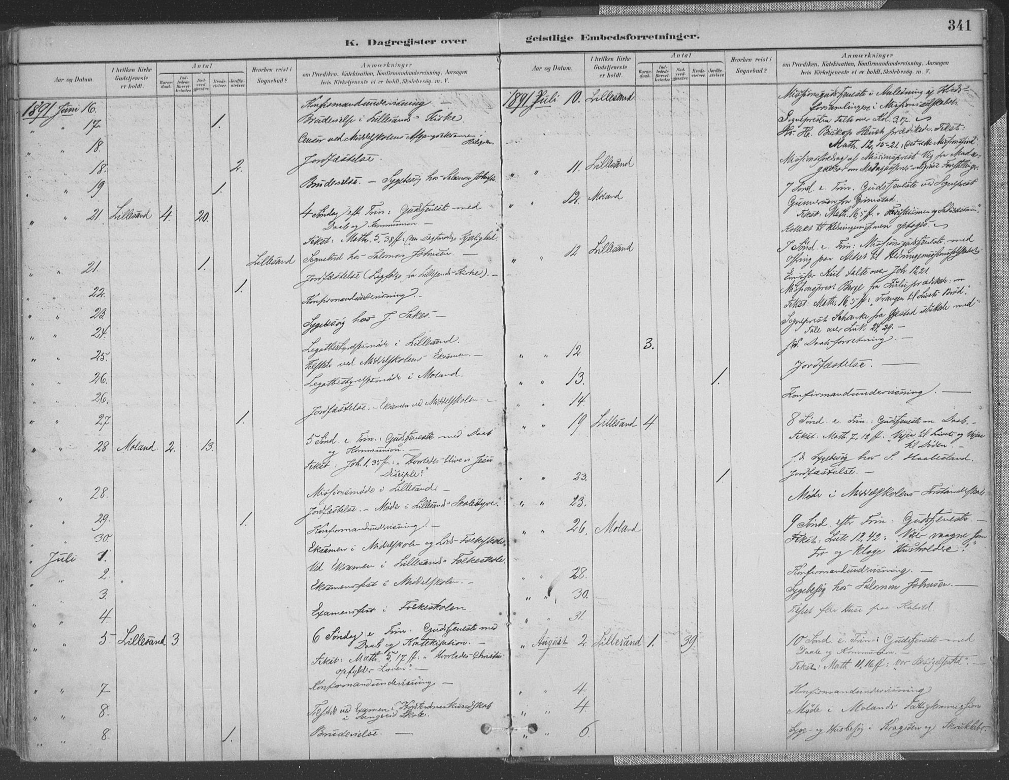 Vestre Moland sokneprestkontor, AV/SAK-1111-0046/F/Fa/Fab/L0009: Parish register (official) no. A 9, 1884-1899, p. 341