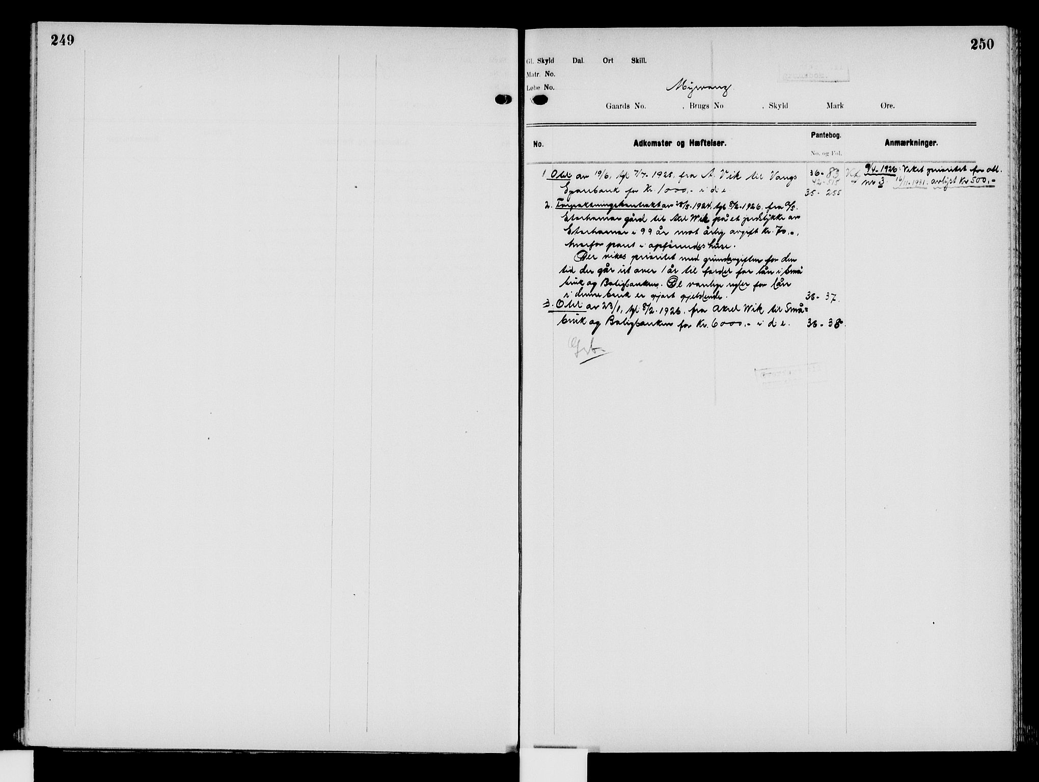 Nord-Hedmark sorenskriveri, SAH/TING-012/H/Ha/Had/Hade/L0008: Mortgage register no. 4.8, 1923-1940, p. 249-250