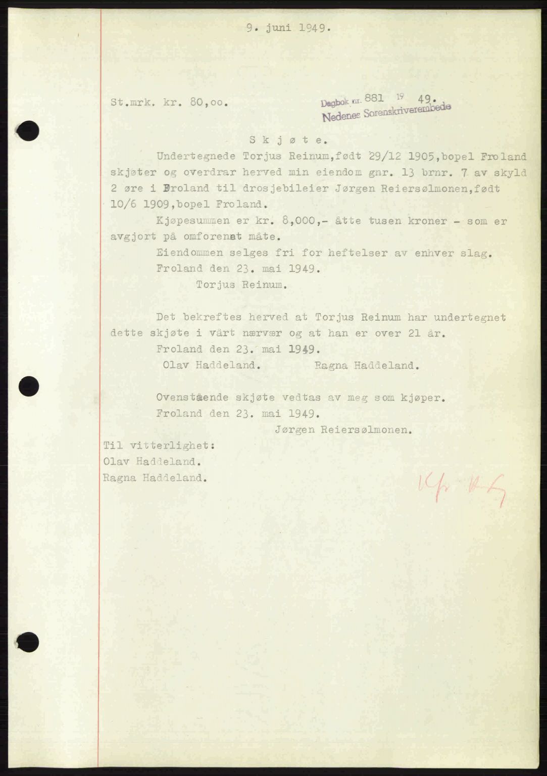 Nedenes sorenskriveri, SAK/1221-0006/G/Gb/Gba/L0060: Mortgage book no. A12, 1948-1949, Diary no: : 881/1949