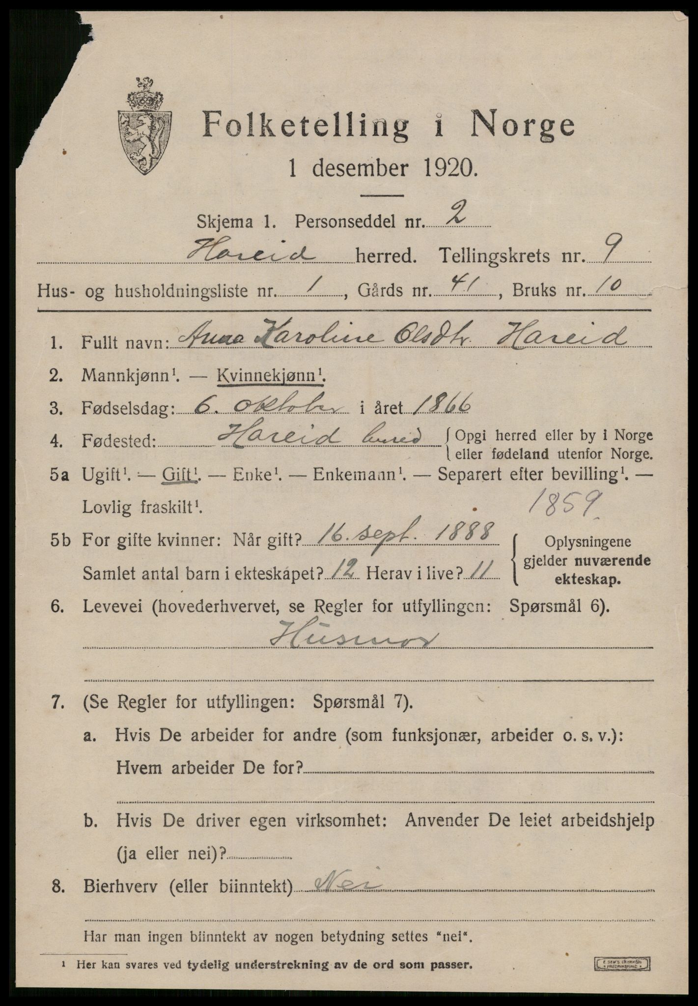 SAT, 1920 census for Hareid, 1920, p. 3161