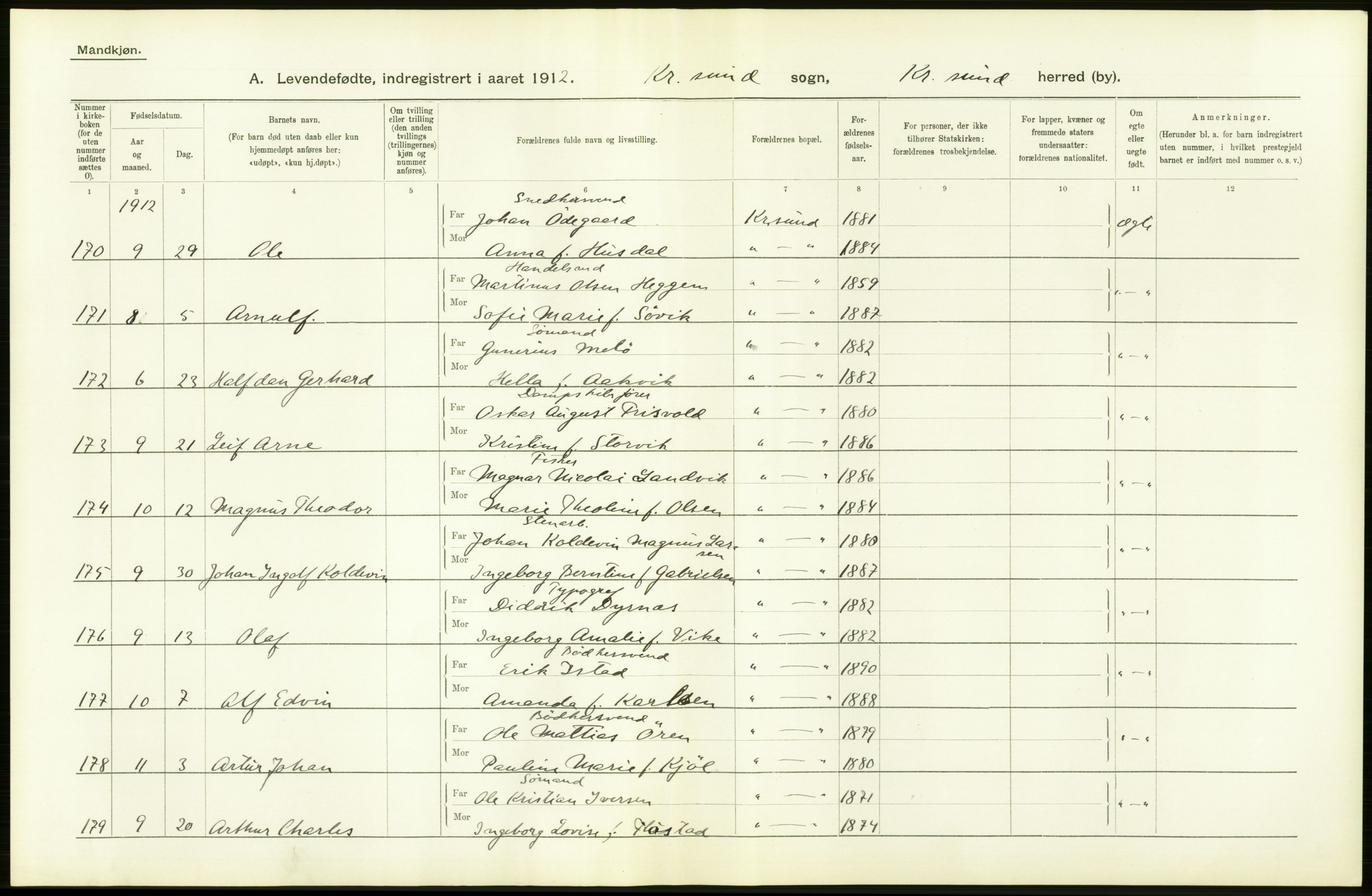 Statistisk sentralbyrå, Sosiodemografiske emner, Befolkning, AV/RA-S-2228/D/Df/Dfb/Dfbb/L0038: Romsdals amt: Levendefødte menn og kvinner. Bygder og byer samt gifte. Bygder og byer., 1912, p. 38