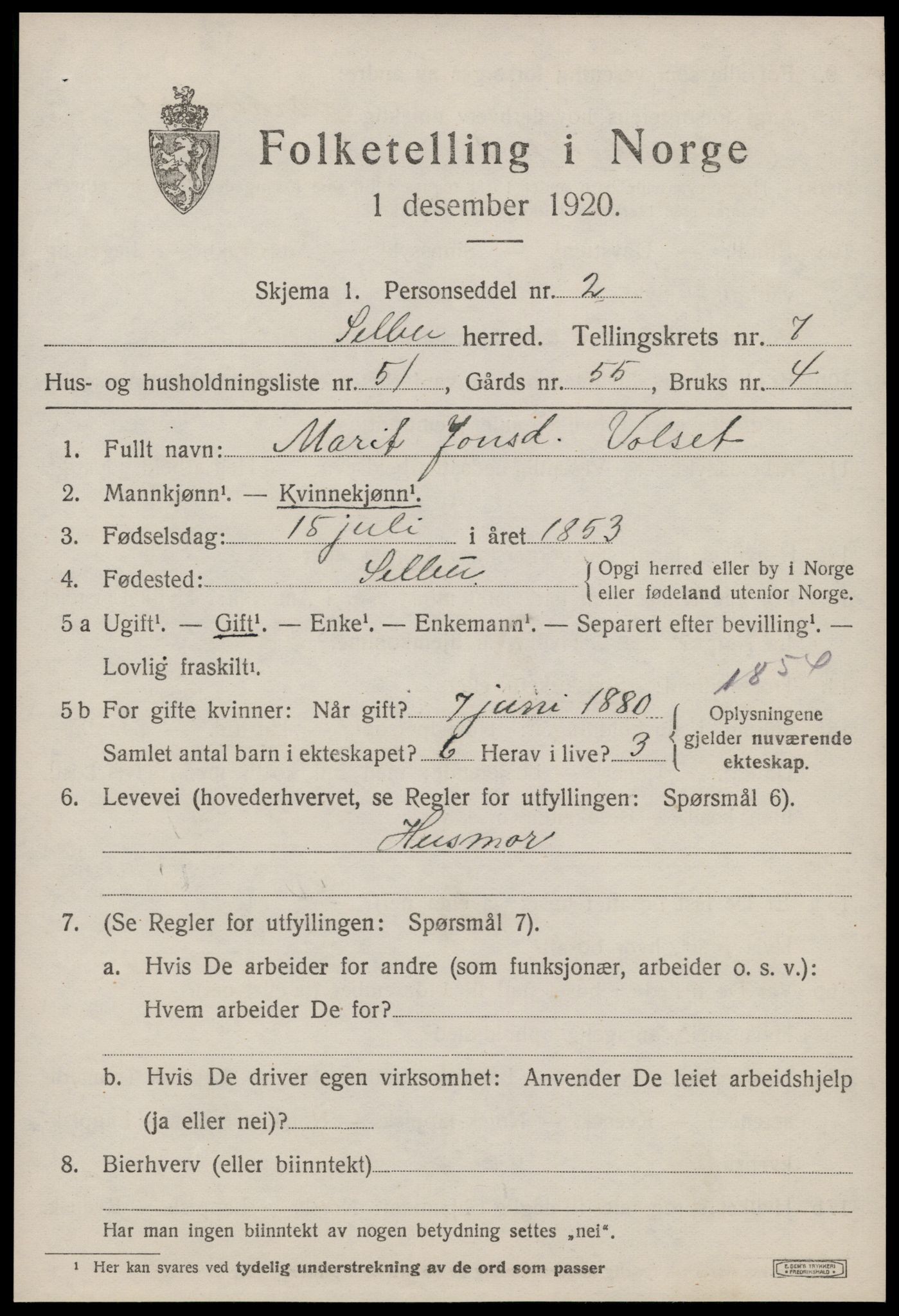 SAT, 1920 census for Selbu, 1920, p. 4416