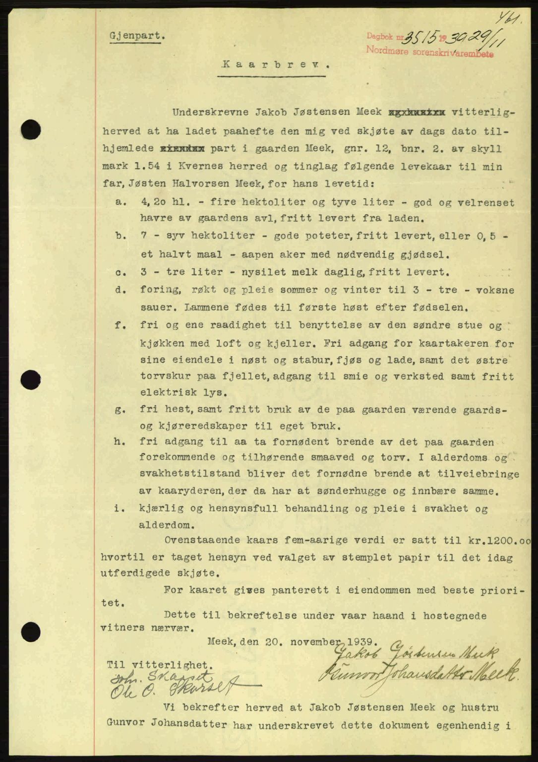 Nordmøre sorenskriveri, AV/SAT-A-4132/1/2/2Ca: Mortgage book no. B86, 1939-1940, Diary no: : 3515/1939