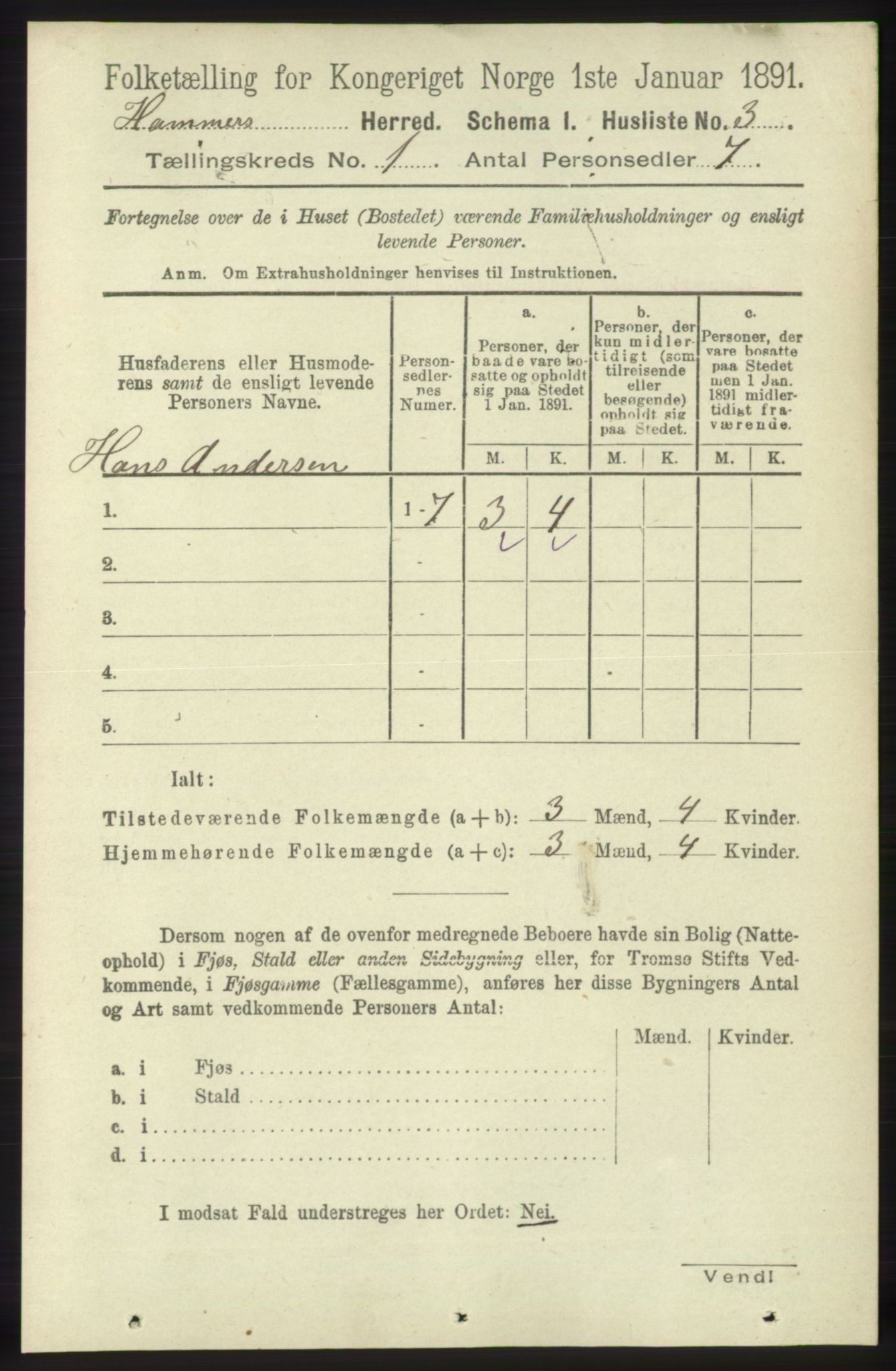 RA, 1891 census for 1254 Hamre, 1891, p. 43