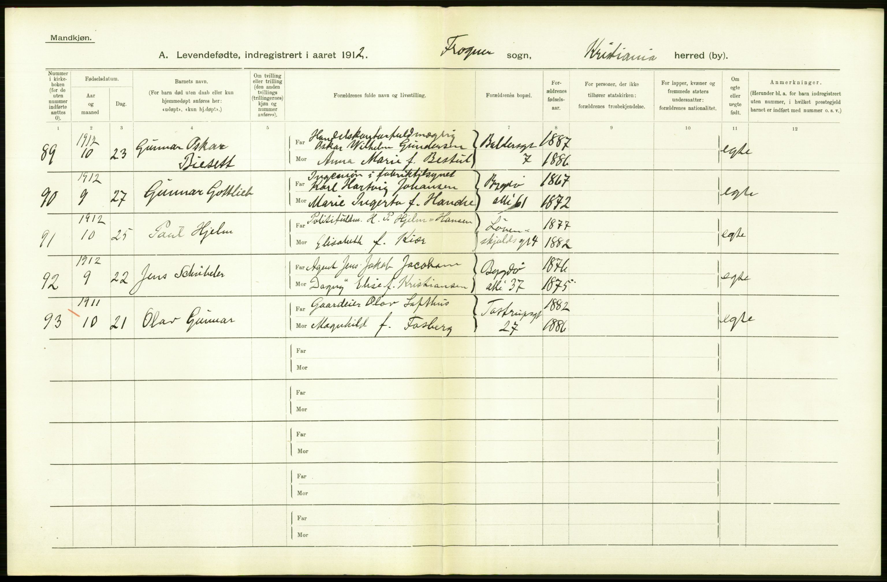 Statistisk sentralbyrå, Sosiodemografiske emner, Befolkning, RA/S-2228/D/Df/Dfb/Dfbb/L0007: Kristiania:  Levendefødte menn og kvinner., 1912, p. 436