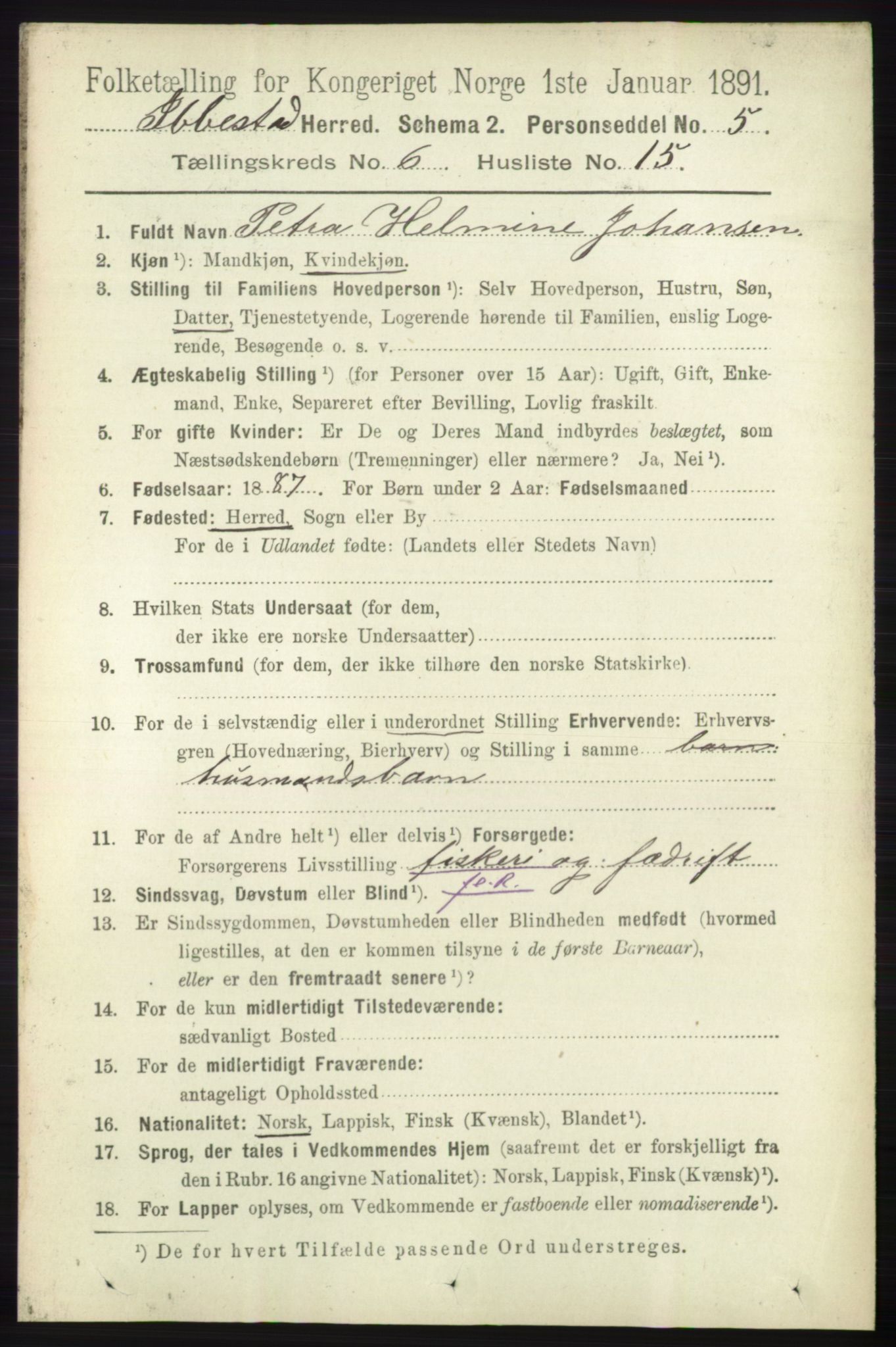 RA, 1891 census for 1917 Ibestad, 1891, p. 3660