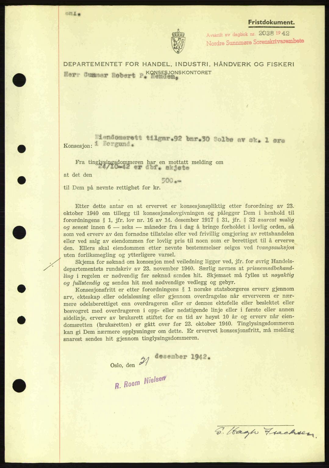 Nordre Sunnmøre sorenskriveri, SAT/A-0006/1/2/2C/2Ca: Mortgage book no. B6-14 a, 1942-1945, Diary no: : 2038/1942