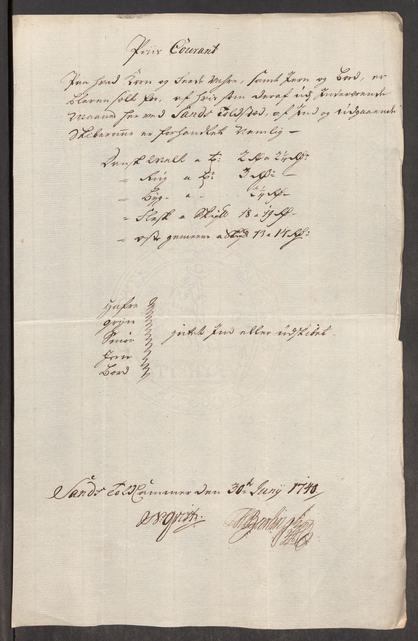 Rentekammeret inntil 1814, Realistisk ordnet avdeling, RA/EA-4070/Oe/L0002: [Ø1]: Priskuranter, 1740-1744, p. 54