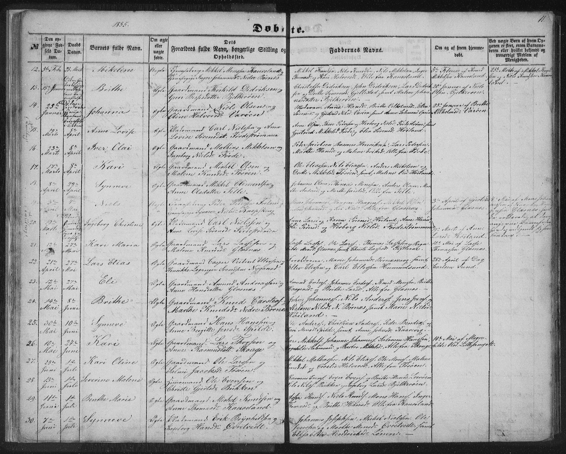 Sund sokneprestembete, AV/SAB-A-99930: Parish register (copy) no. B 1, 1852-1873, p. 11