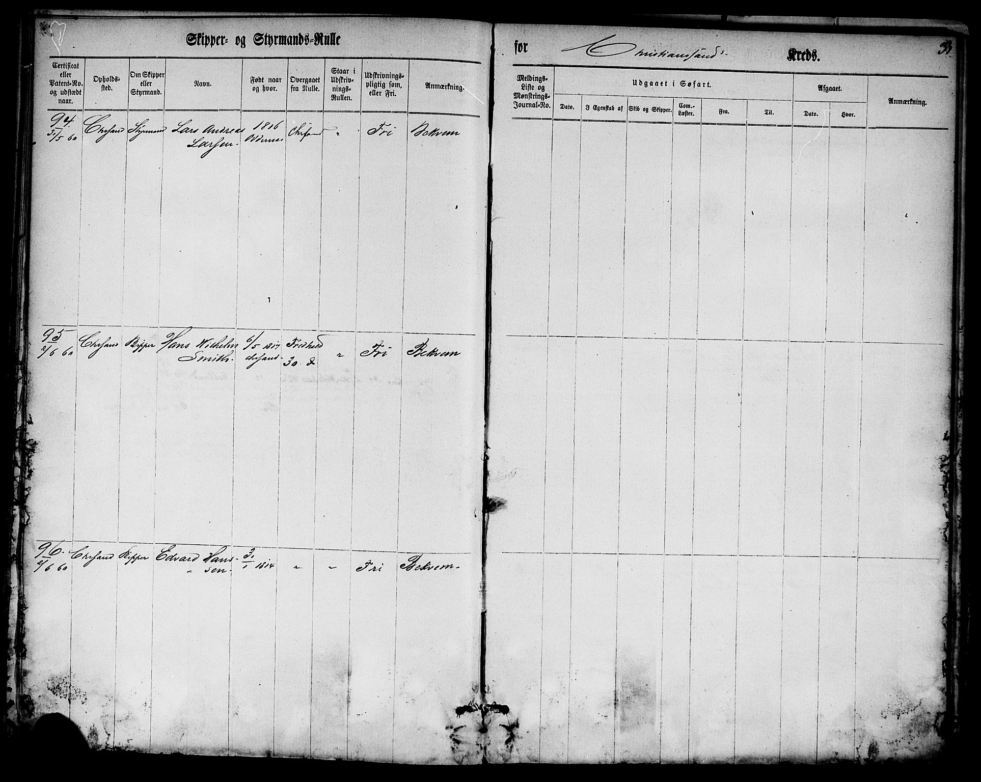 Kristiansand mønstringskrets, SAK/2031-0015/F/Fc/L0001: Skipper- og styrmannsrulle nr 1-288, med register, K-1, 1860-1870, p. 45
