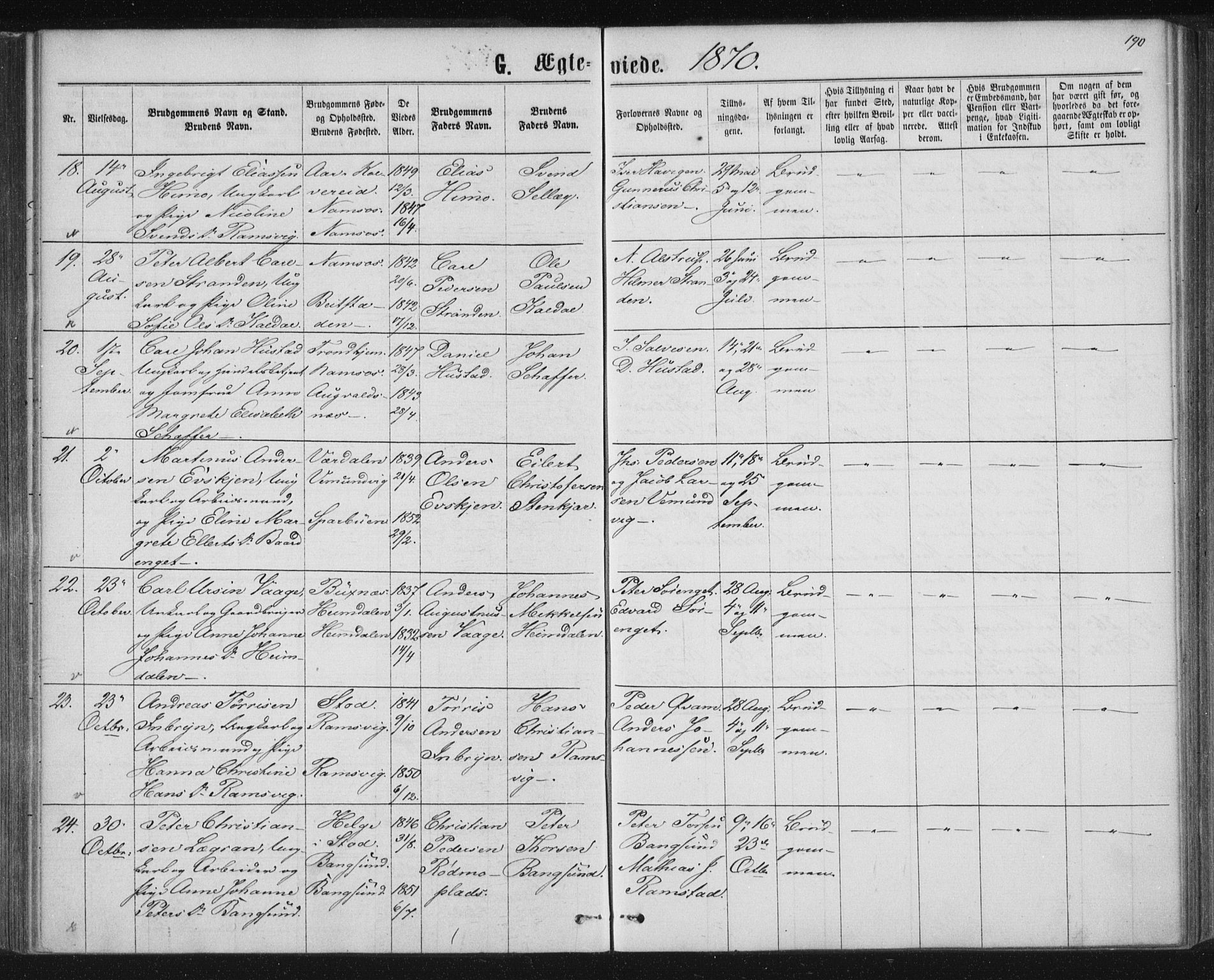 Ministerialprotokoller, klokkerbøker og fødselsregistre - Nord-Trøndelag, AV/SAT-A-1458/768/L0570: Parish register (official) no. 768A05, 1865-1874, p. 190