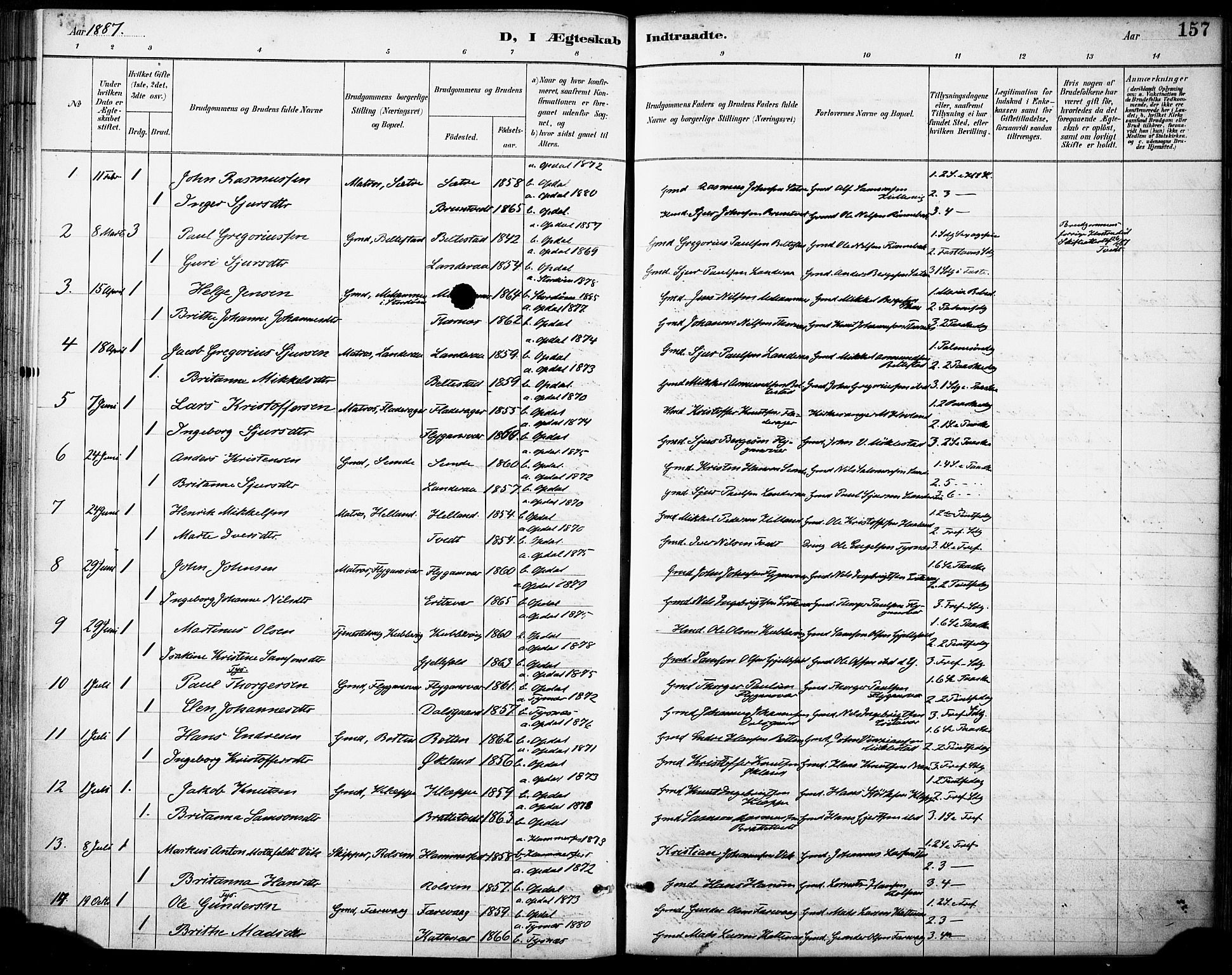 Tysnes sokneprestembete, AV/SAB-A-78601/H/Haa: Parish register (official) no. D 1, 1887-1904, p. 157