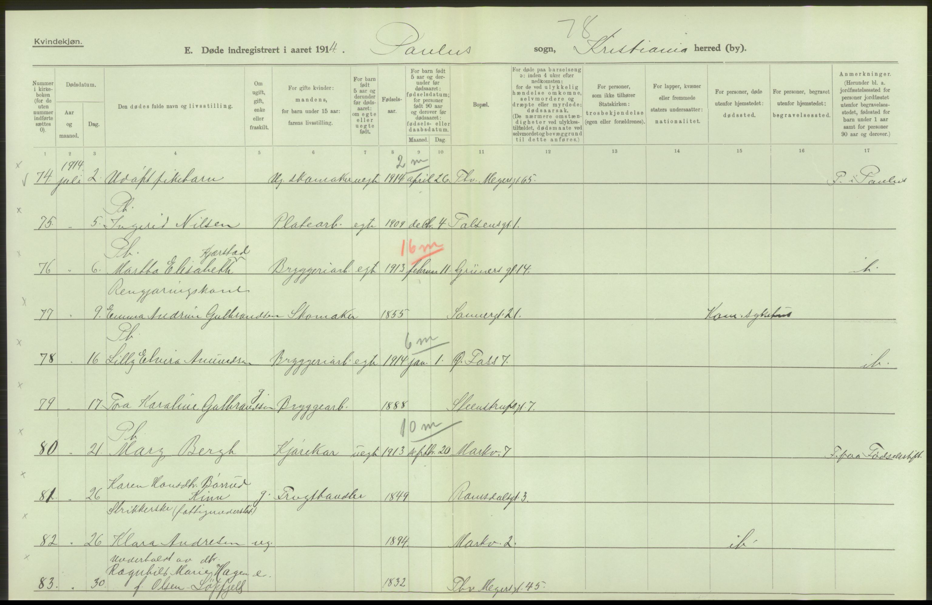 Statistisk sentralbyrå, Sosiodemografiske emner, Befolkning, AV/RA-S-2228/D/Df/Dfb/Dfbd/L0008: Kristiania: Døde, 1914, p. 296