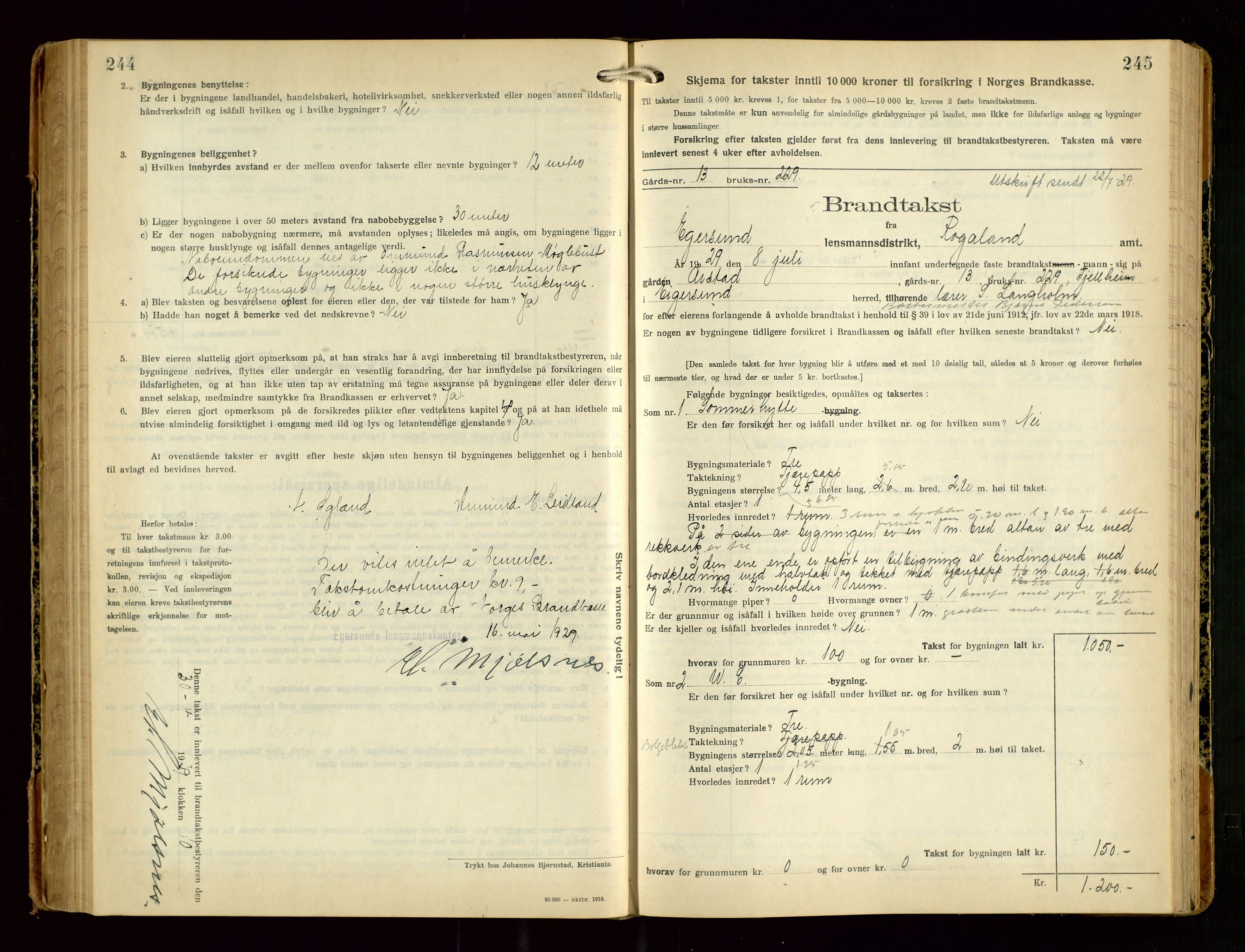 Eigersund lensmannskontor, AV/SAST-A-100171/Gob/L0005: "Brandtakstprotokoll", 1925-1934, p. 244-245