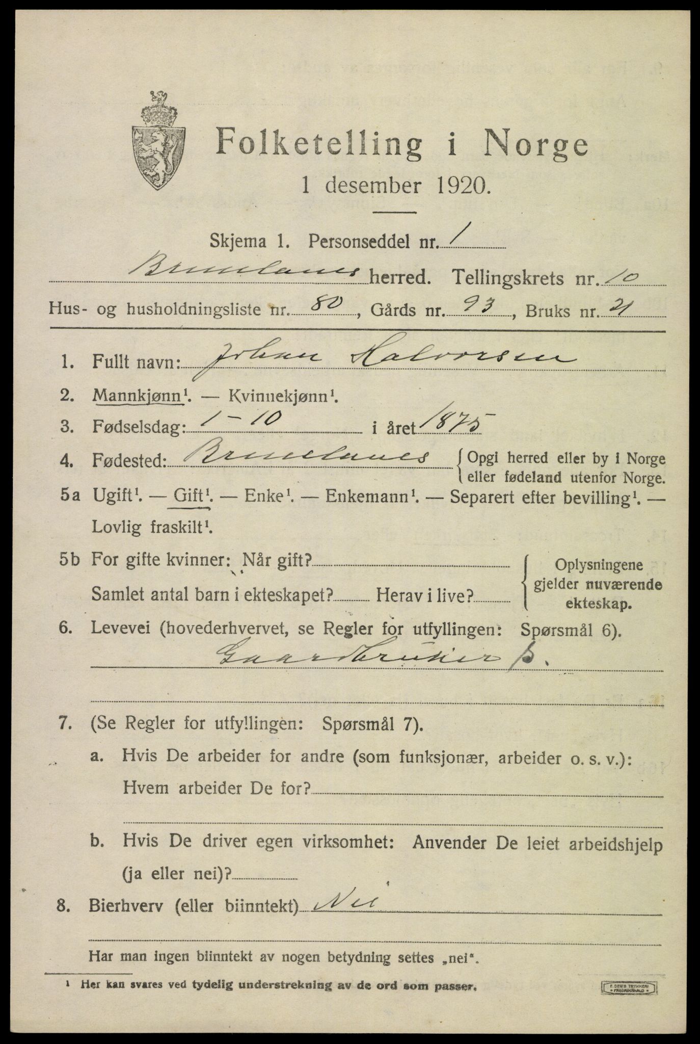SAKO, 1920 census for Brunlanes, 1920, p. 9279