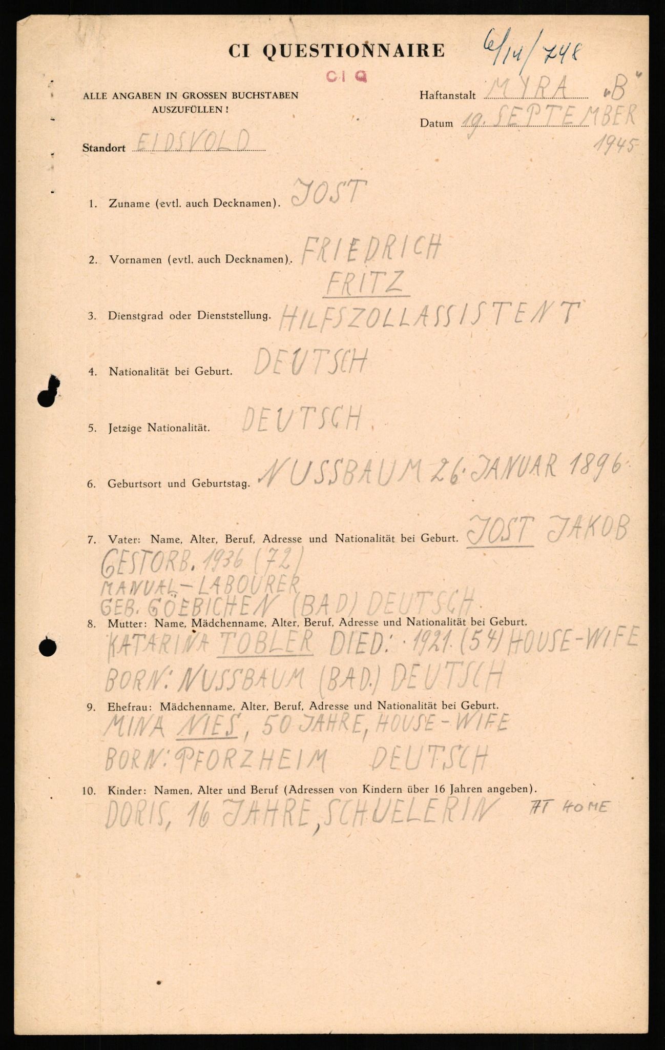 Forsvaret, Forsvarets overkommando II, AV/RA-RAFA-3915/D/Db/L0015: CI Questionaires. Tyske okkupasjonsstyrker i Norge. Tyskere., 1945-1946, p. 159