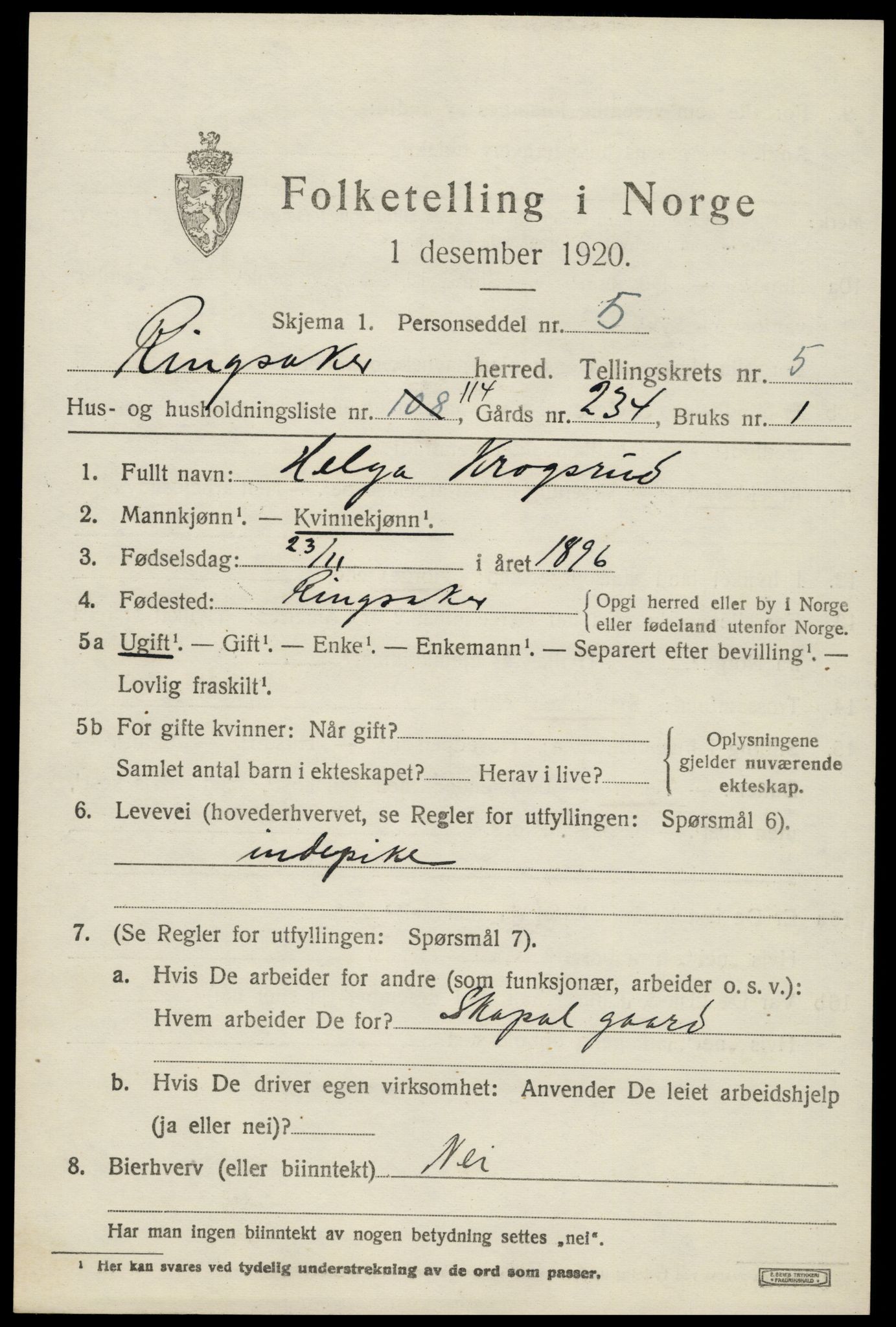 SAH, 1920 census for Ringsaker, 1920, p. 11182