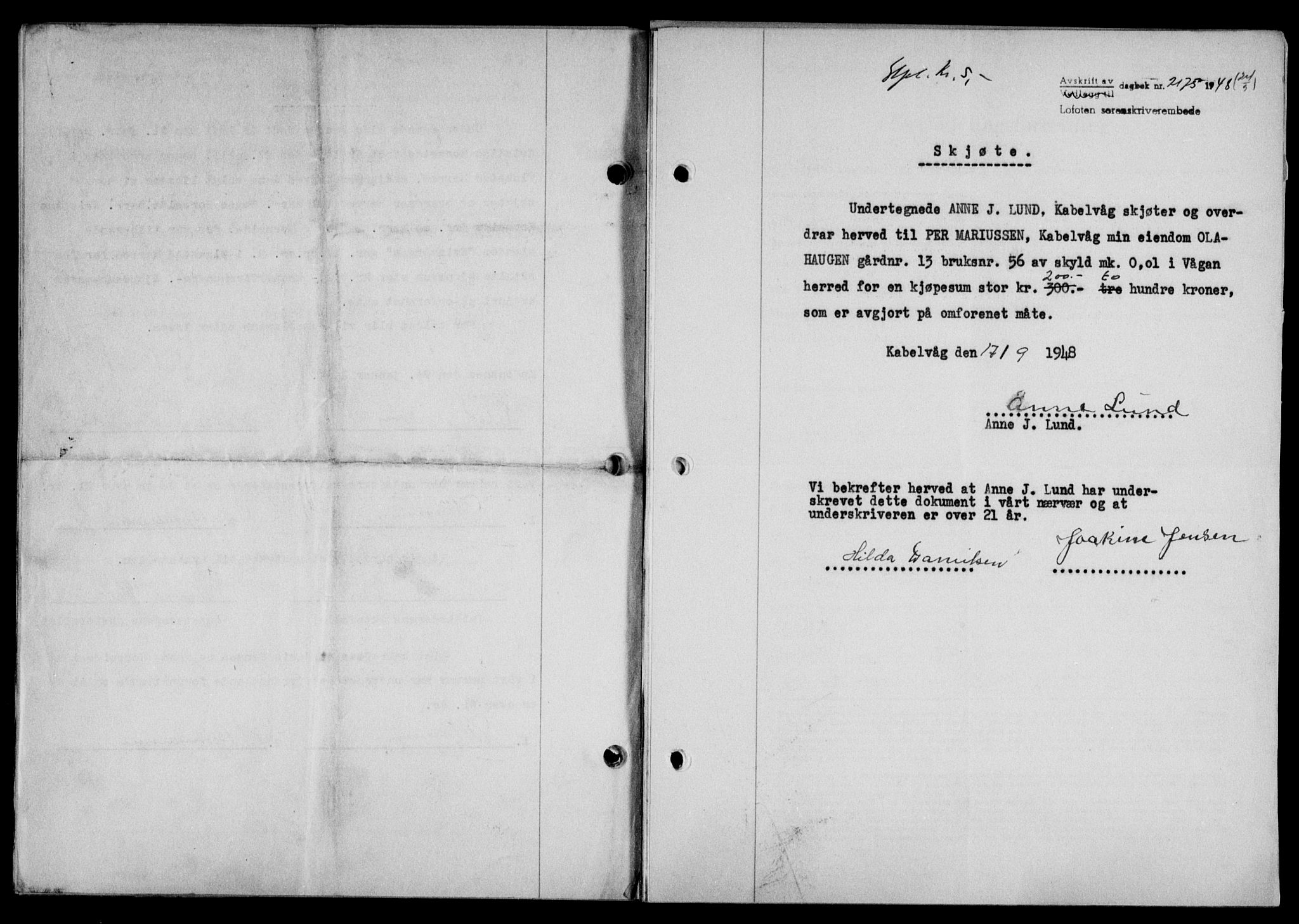 Lofoten sorenskriveri, SAT/A-0017/1/2/2C/L0019a: Mortgage book no. 19a, 1948-1948, Diary no: : 2175/1948
