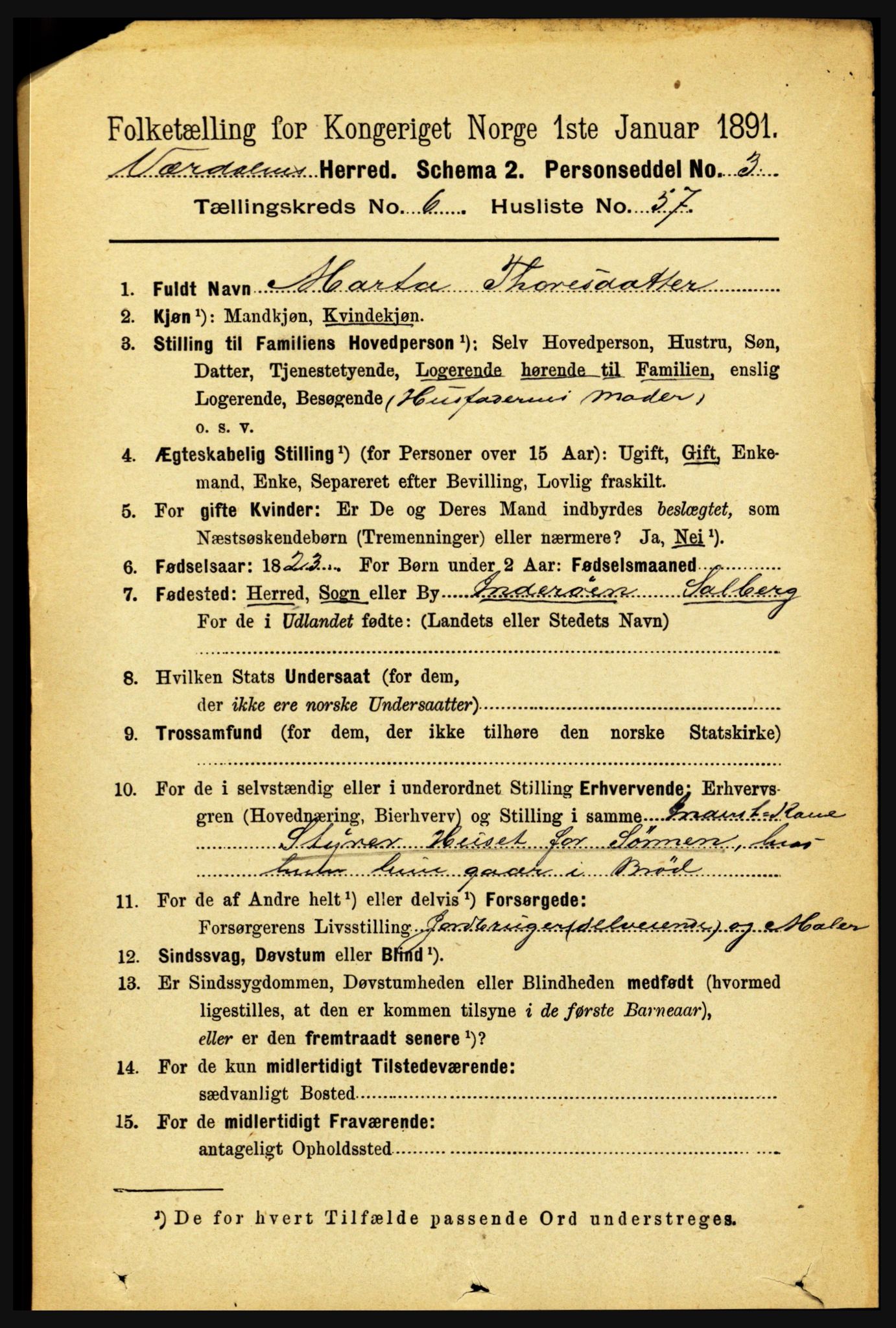 RA, 1891 census for 1721 Verdal, 1891, p. 3911