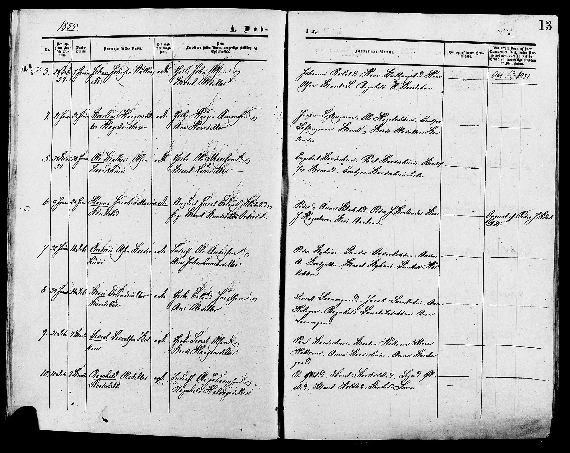 Lesja prestekontor, AV/SAH-PREST-068/H/Ha/Haa/L0008: Parish register (official) no. 8, 1854-1880, p. 13