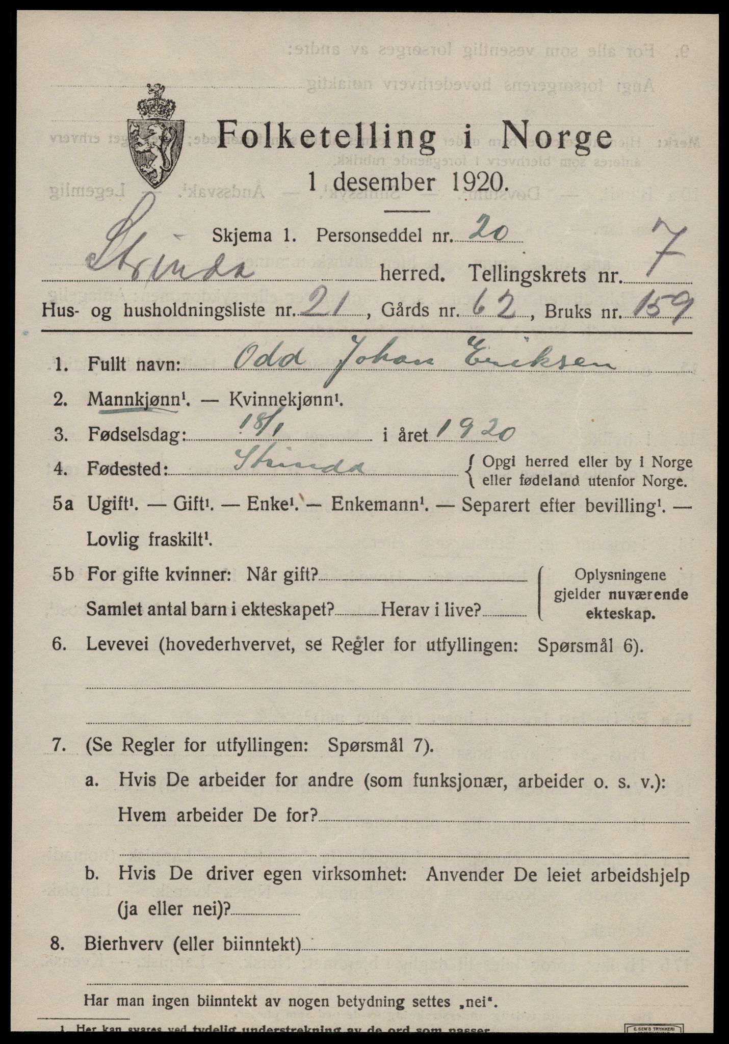 SAT, 1920 census for Strinda, 1920, p. 17584