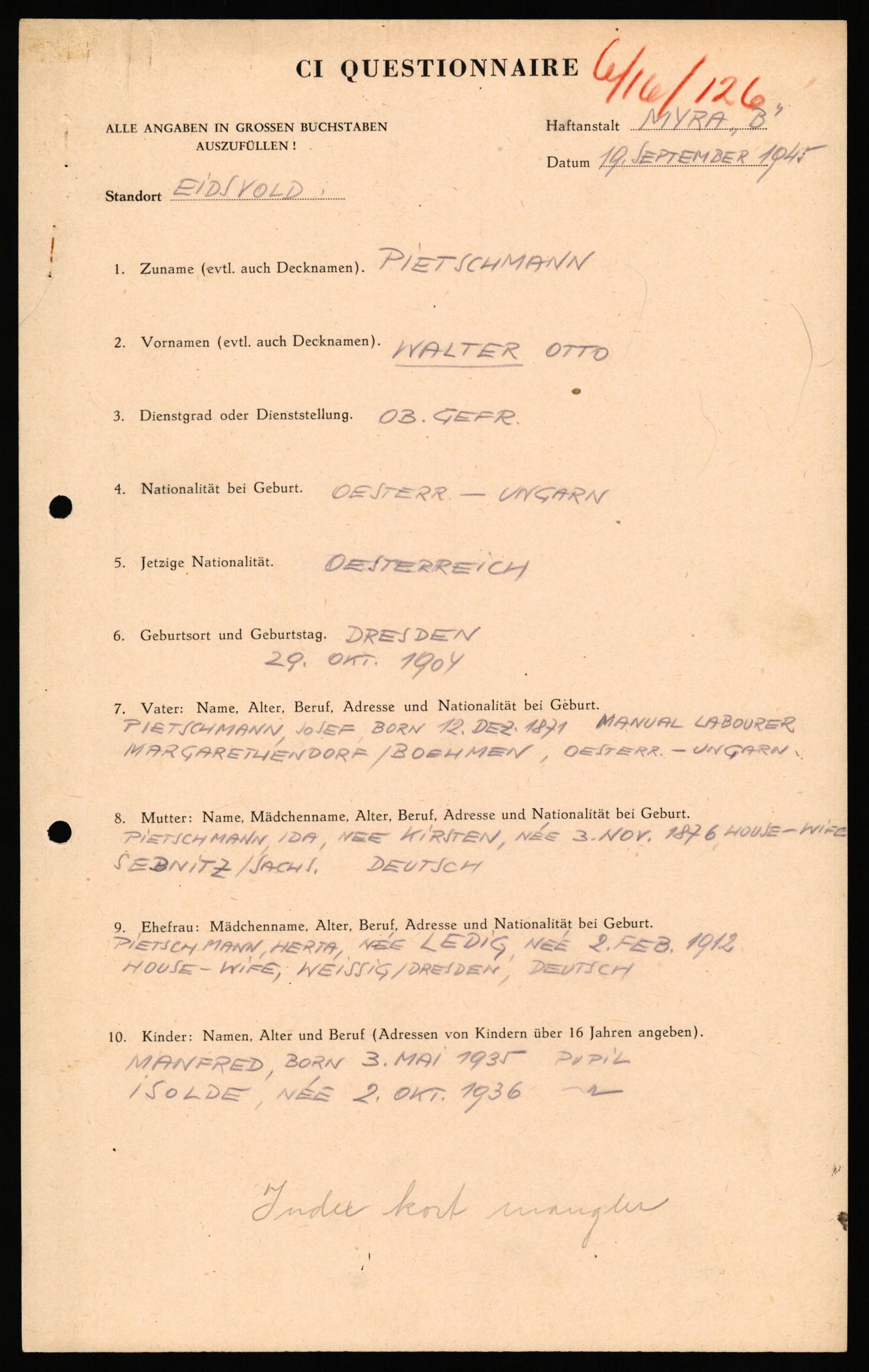 Forsvaret, Forsvarets overkommando II, AV/RA-RAFA-3915/D/Db/L0040: CI Questionaires. Tyske okkupasjonsstyrker i Norge. Østerrikere., 1945-1946, p. 36