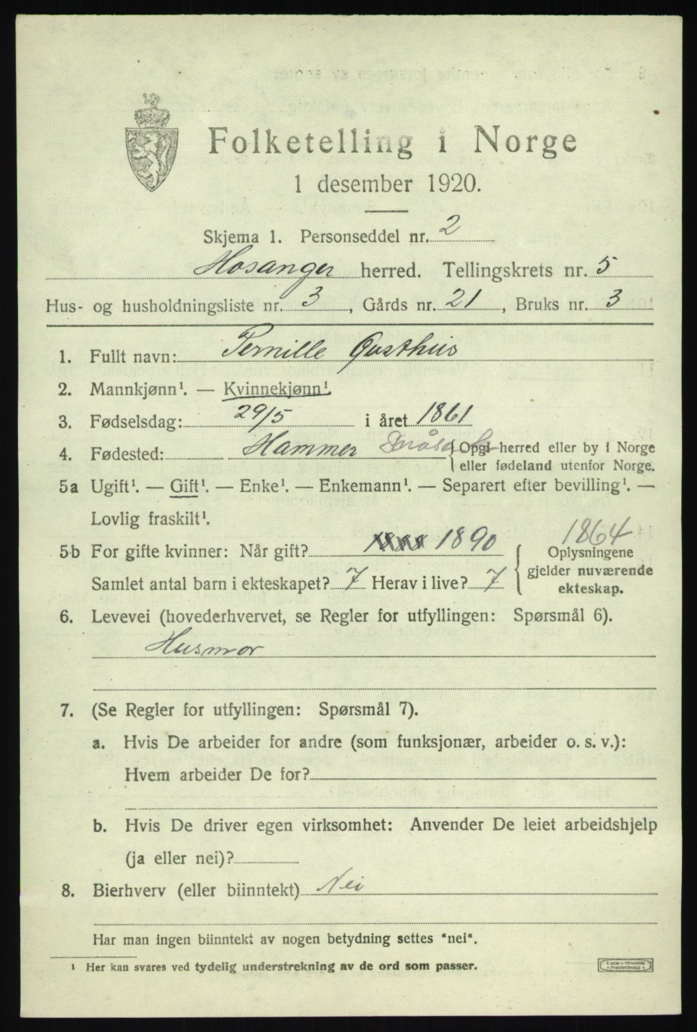 SAB, 1920 census for Hosanger, 1920, p. 2363