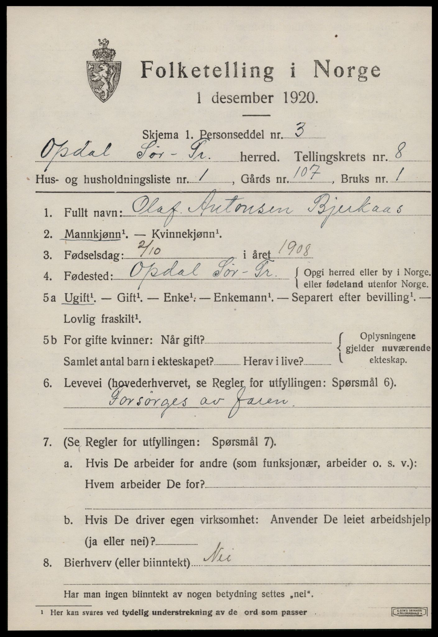 SAT, 1920 census for Oppdal, 1920, p. 6807